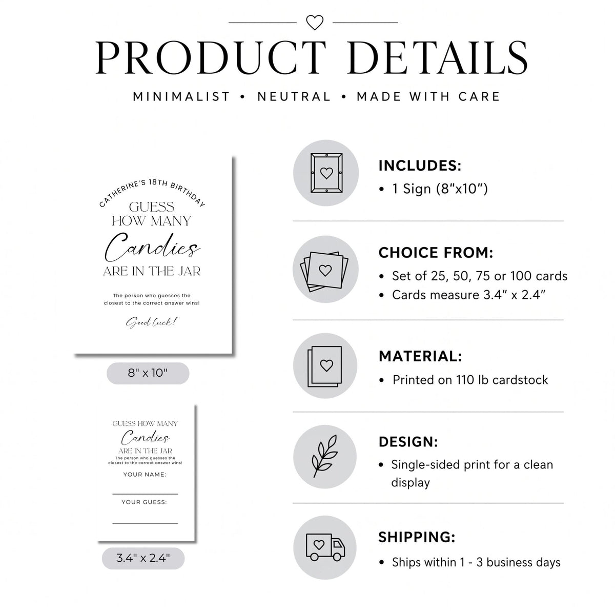 Product details infographic for a minimalist guess-the-number candy sign set. The graphic shows the front and back of a white sign with black text, along with dimensions (8" x 10" and 3.