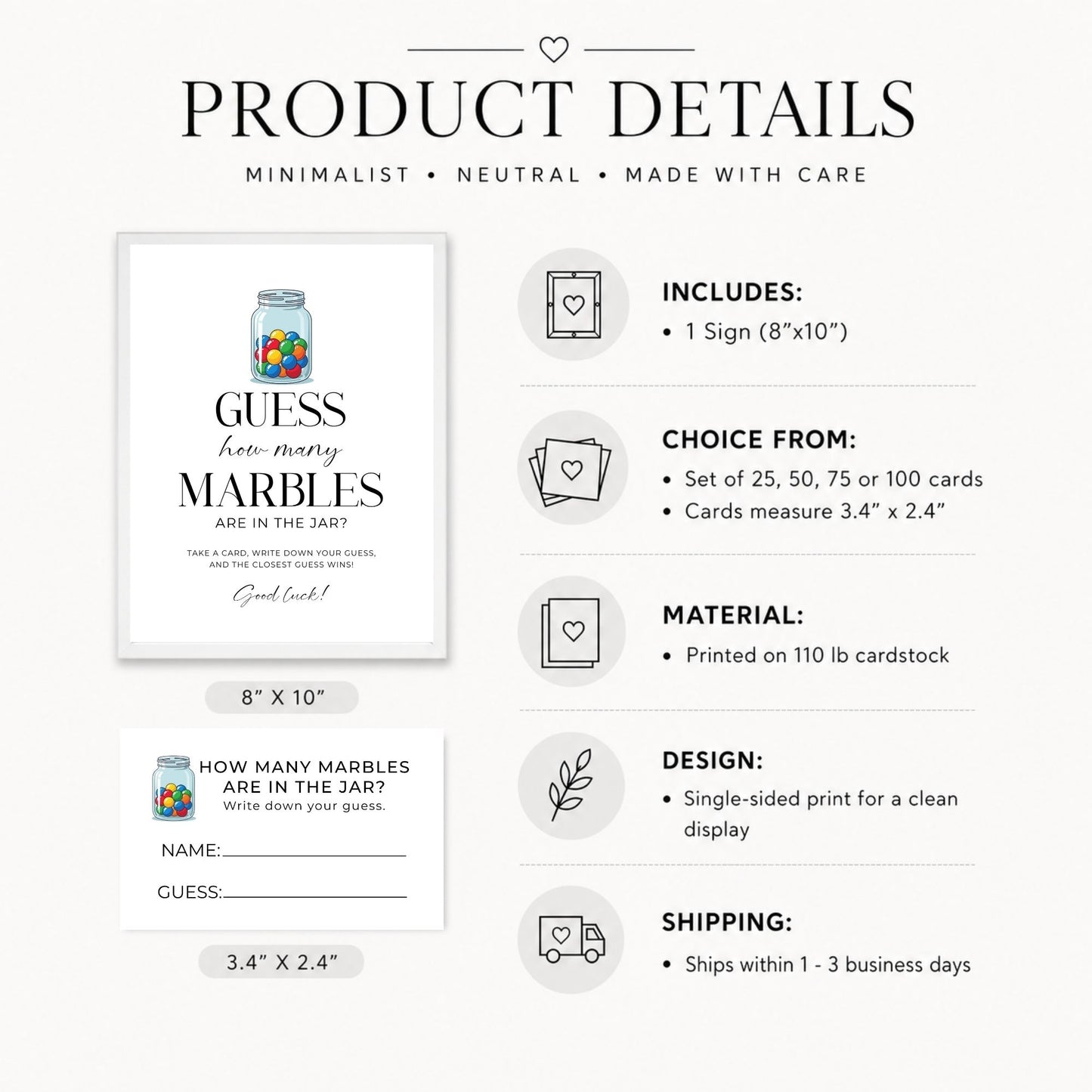 Product details infographic for a minimalist marbled card set, showing the front and back of a card, dimensions, included quantity, card sizes, material, design, and shipping information on a light gray background.