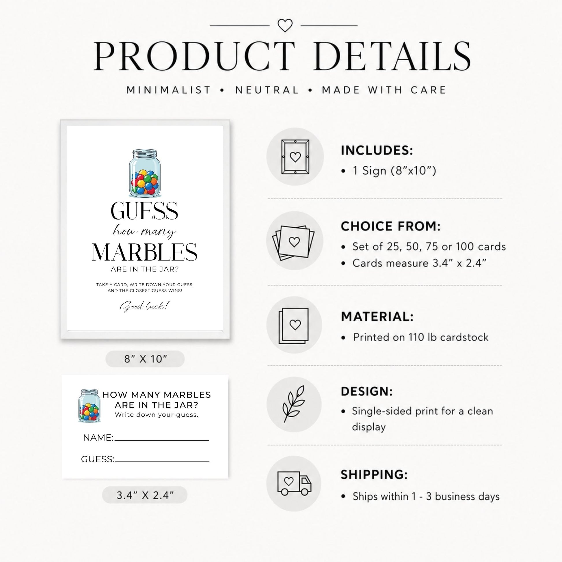 Product details infographic for a minimalist marbled card set, showing the front and back of a card, dimensions, included quantity, card sizes, material, design, and shipping information on a light gray background.