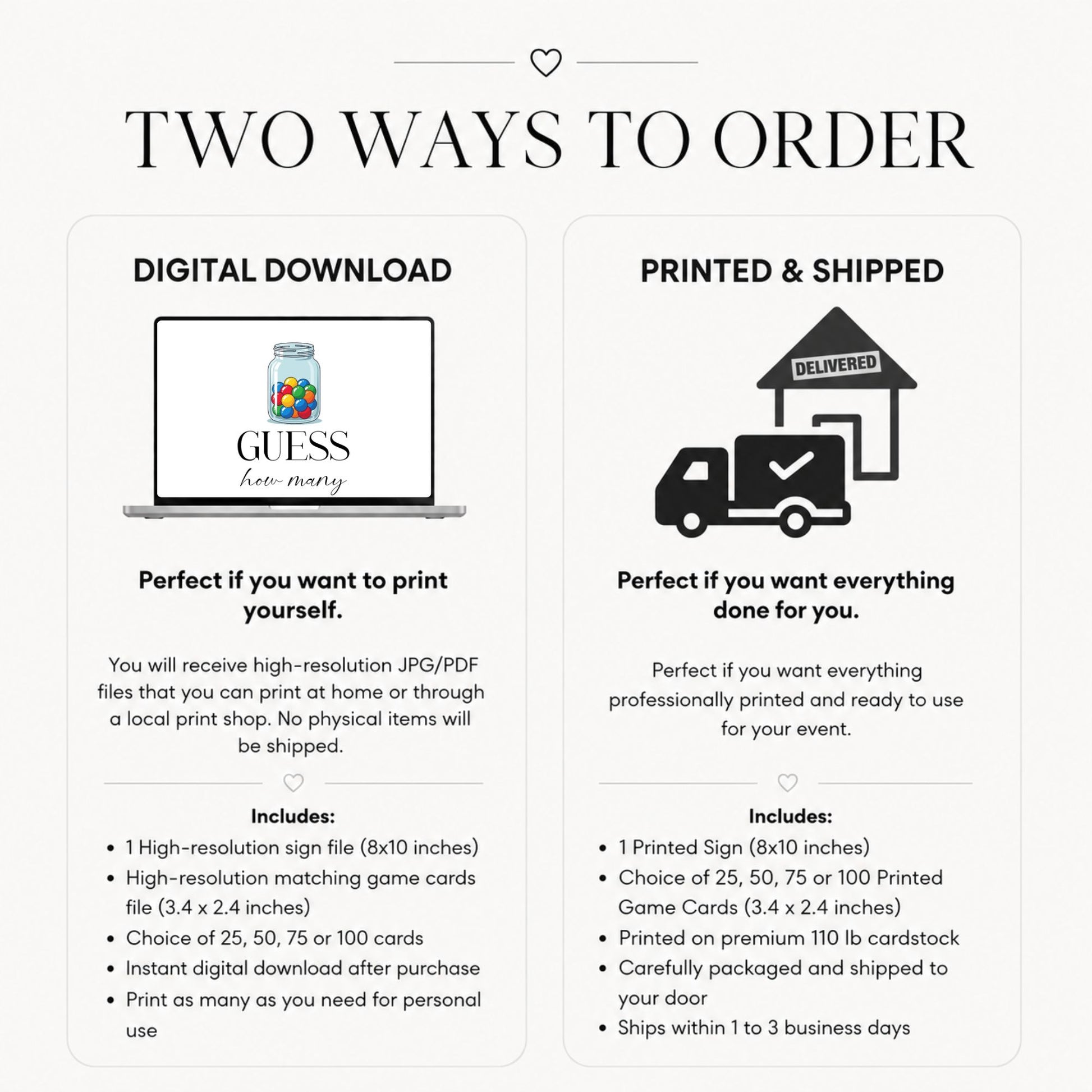 An ordering comparison graphic titled 'TWO WAYS TO ORDER' with two columns: 'DIGITAL DOWNLOAD' showing a laptop icon and printed file details, and 'PRINTED & SHIPPED' showing a delivery truck icon and printed package details. The brand name 'GUESS' is visible on the laptop graphic.
