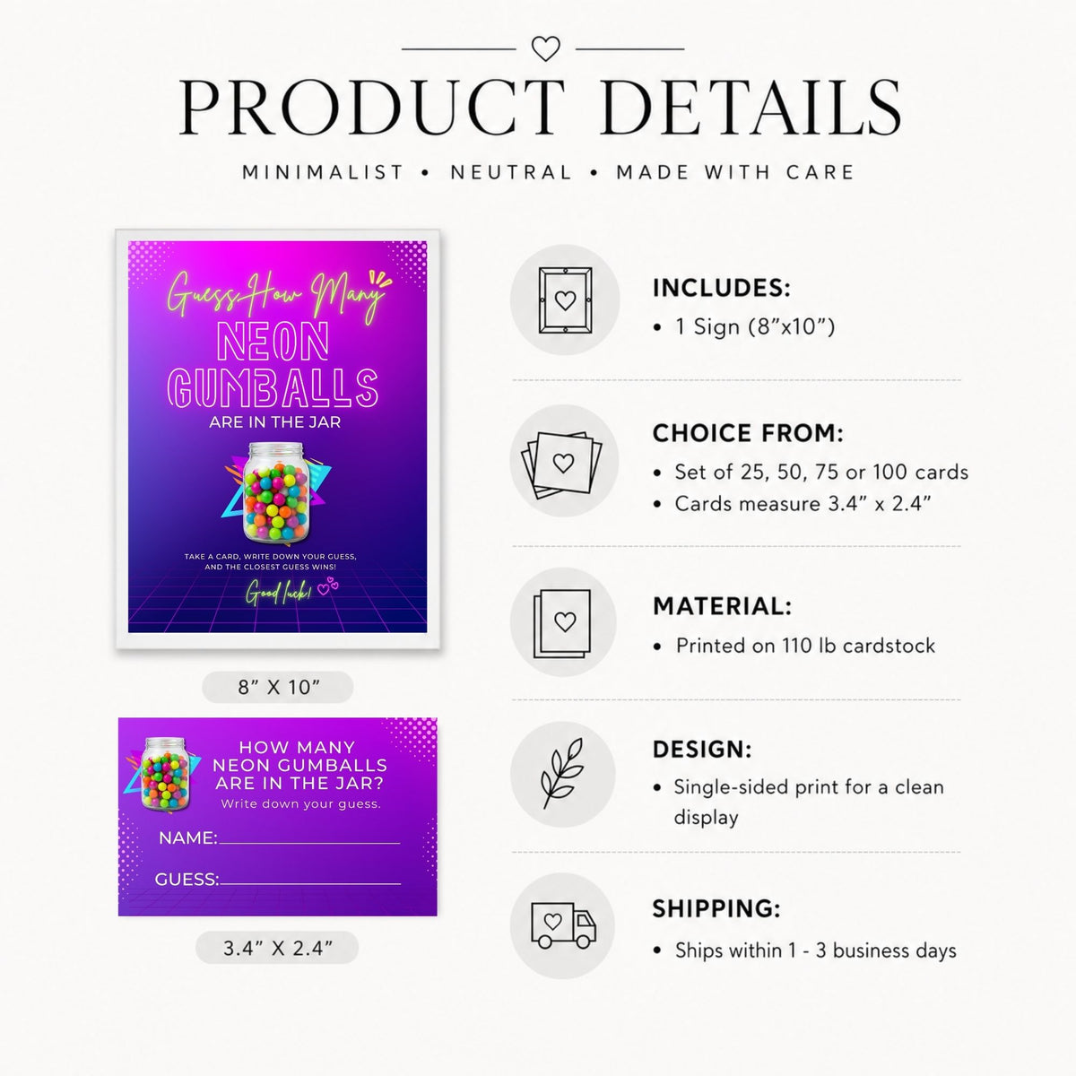Product details graphic for a neon gumballs sign set, showing the main sign design, smaller sample sizes, included card count, dimensions, material, design, and shipping information on a light gray background.
