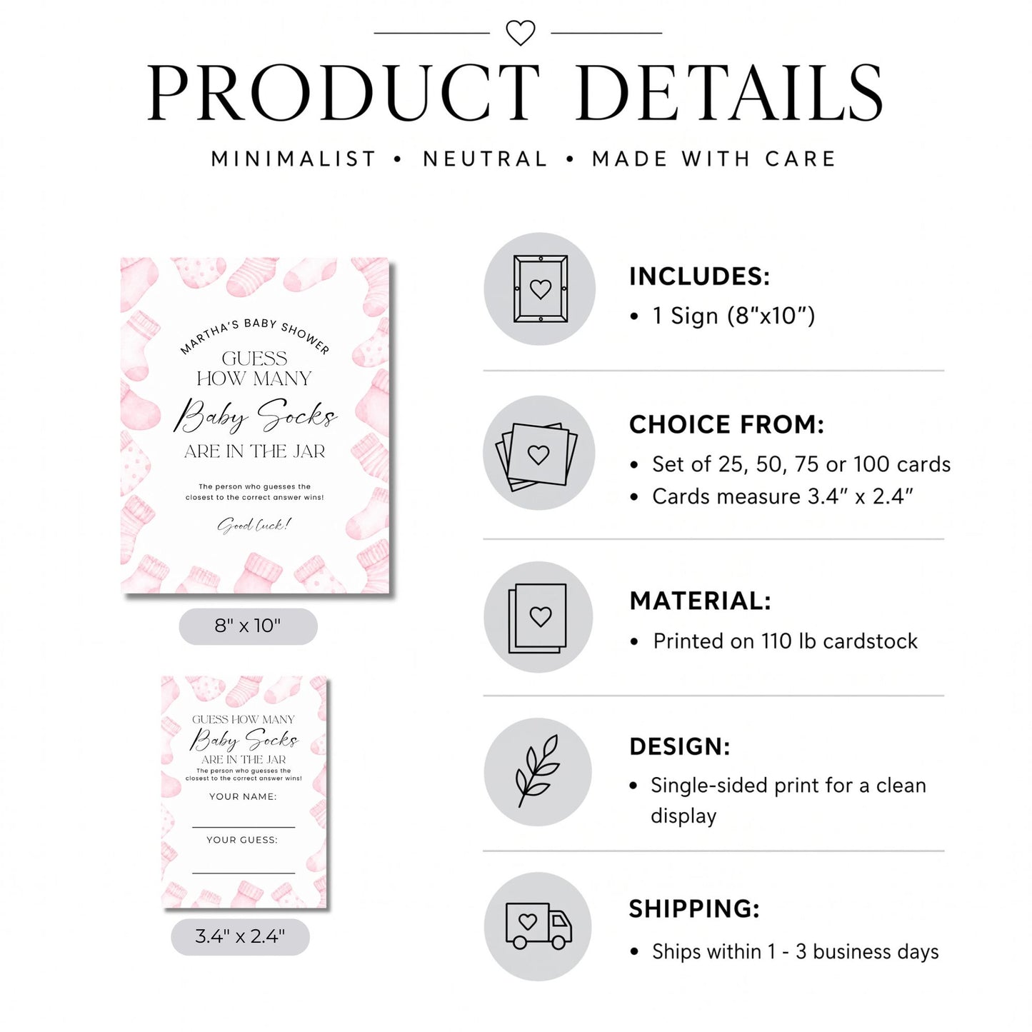 Product details infographic for baby socks signs, showing two sample sign designs with pink and white patterns, dimensions, included card count, material, design, and shipping information on a white background.