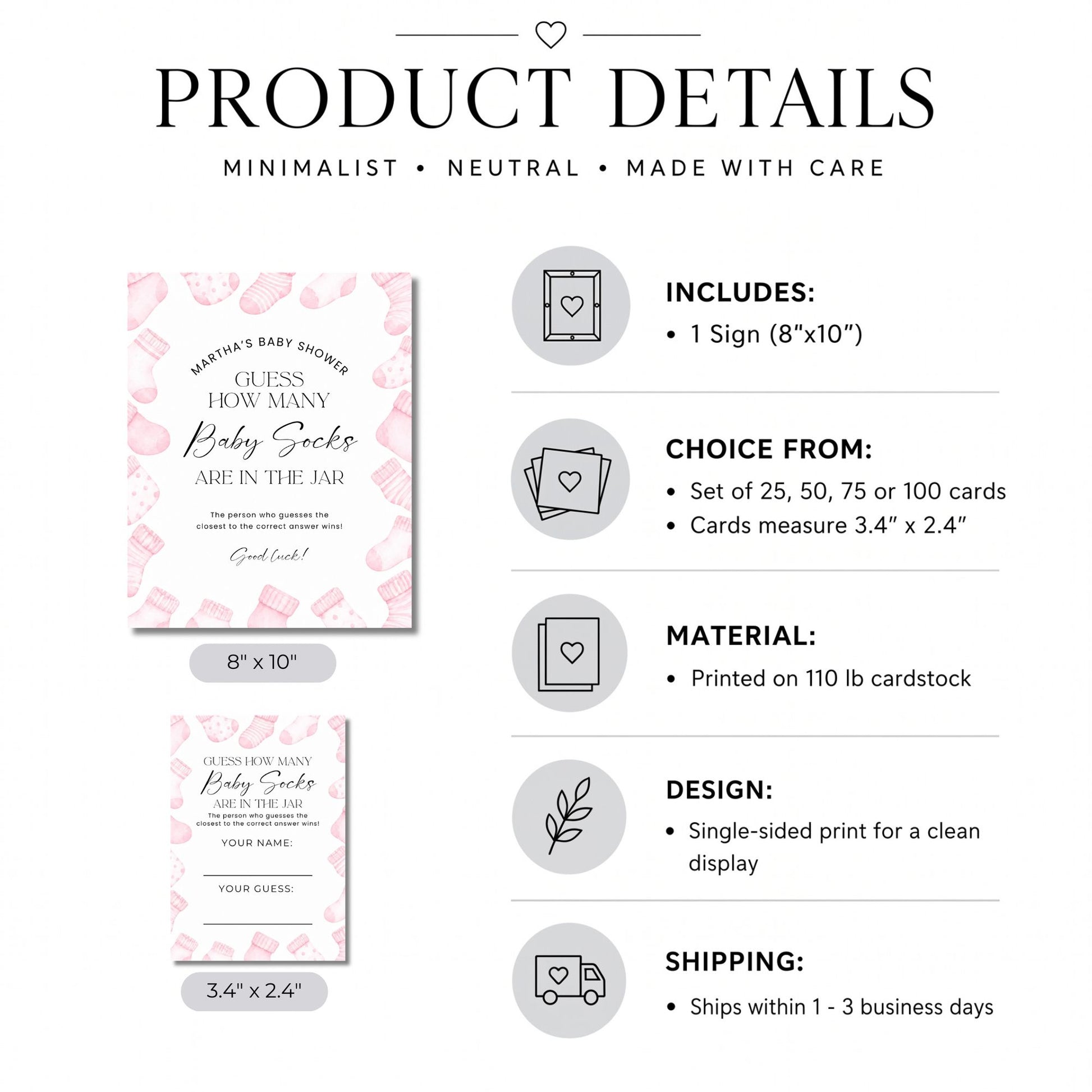 Product details infographic for baby socks signs, showing two sample sign designs with pink and white patterns, dimensions, included card count, material, design, and shipping information on a white background.