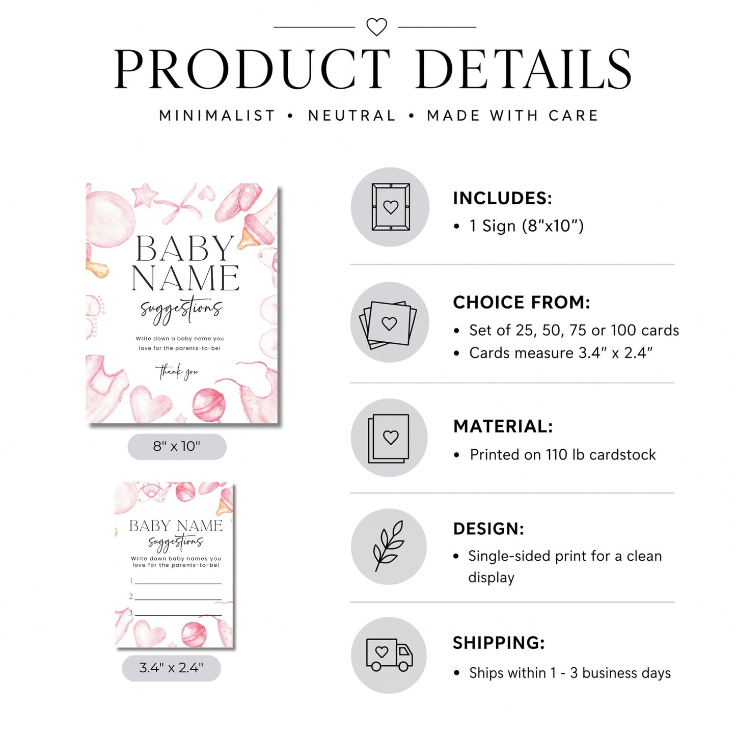 Product details for the pink baby name game, including an 8x10 sign and 25, 50, 75, or 100 cards printed on 110 lb cardstock.