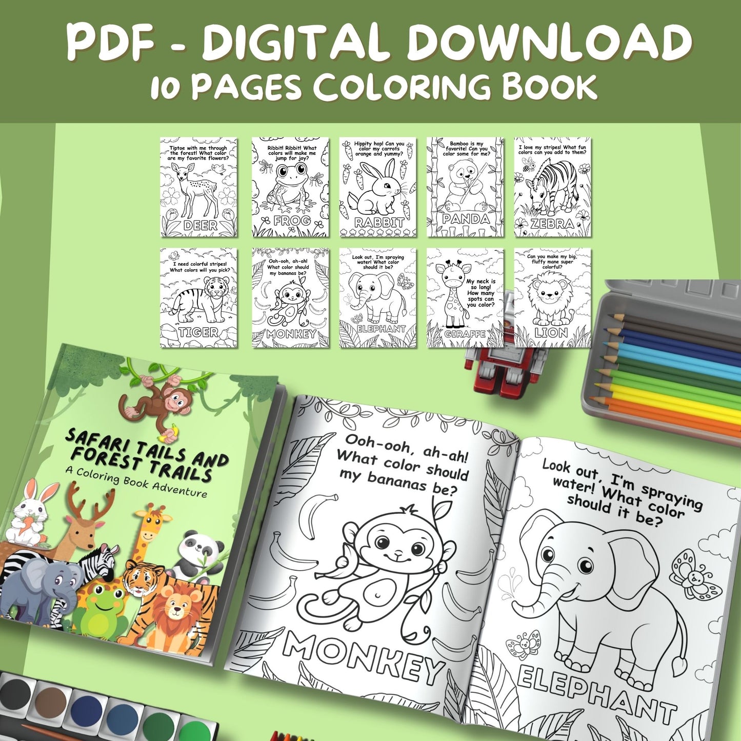 Safari Tails and Forest Trails Printable Coloring Book for Kids, 10 Animal-Themed Coloring Pages, Instant Download, PDF, Print at Home