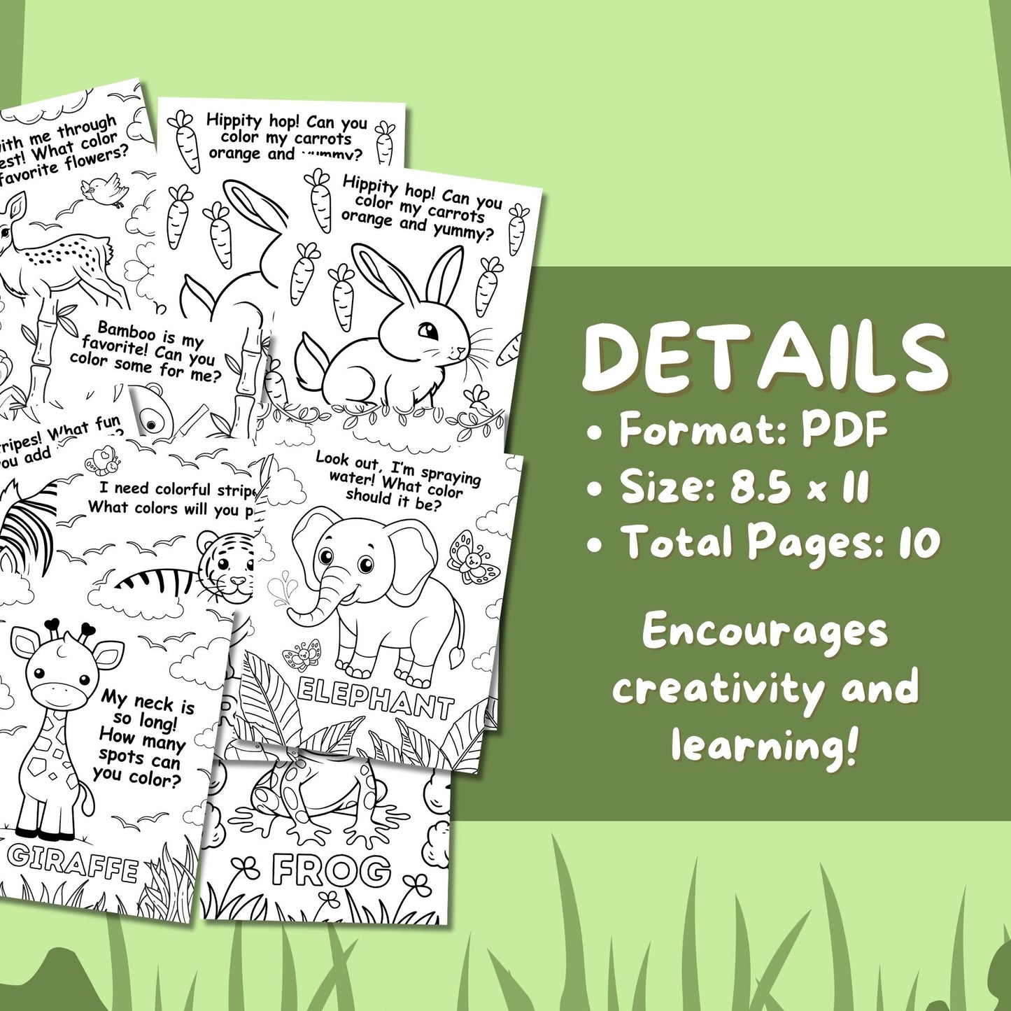 Safari Tails and Forest Trails Printable Coloring Book for Kids, 10 Animal-Themed Coloring Pages, Instant Download, PDF, Print at Home