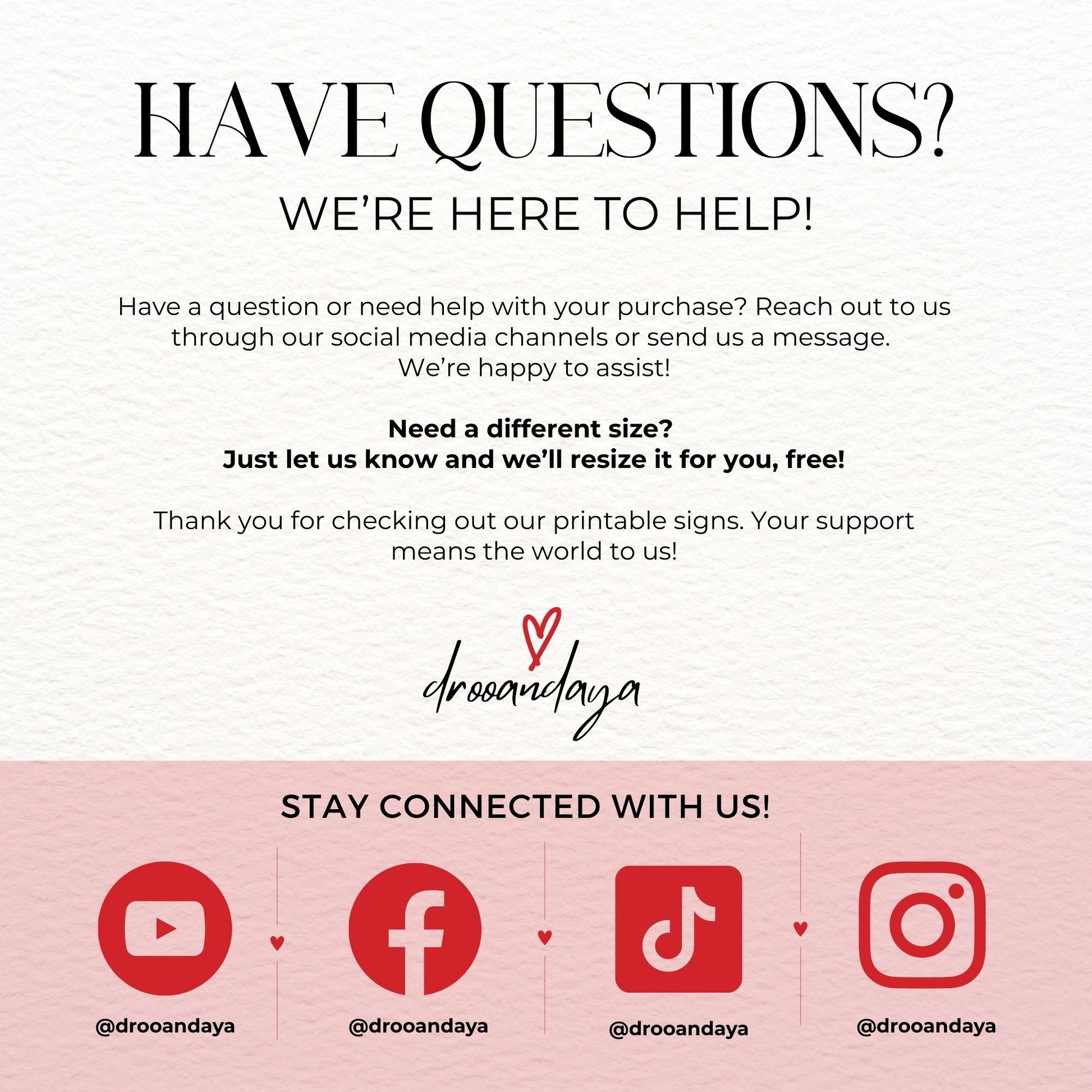 Customer service message with contact information and social media icons on a white background