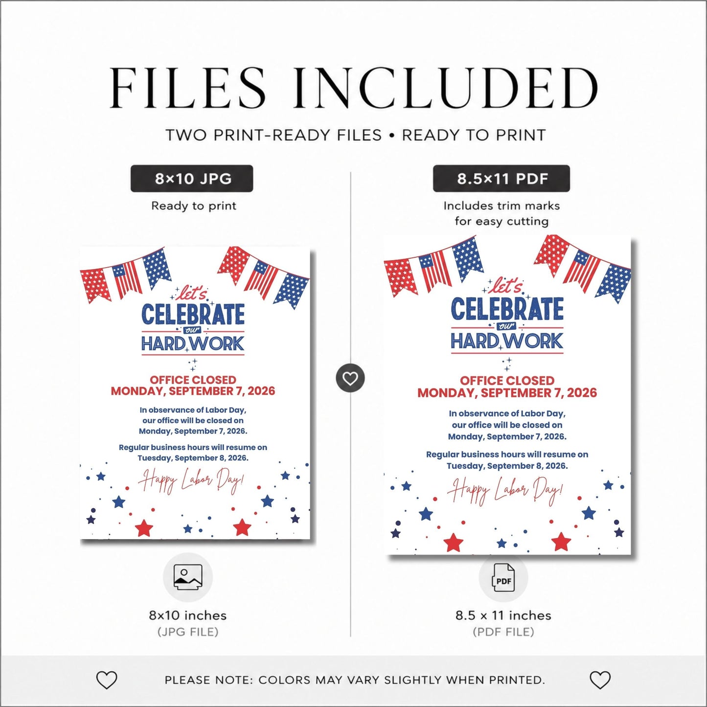 A digital preview showing two printable Labor Day office closure sign designs labeled as included files: an 8x10 JPG file and an 8.5x11 PDF file.