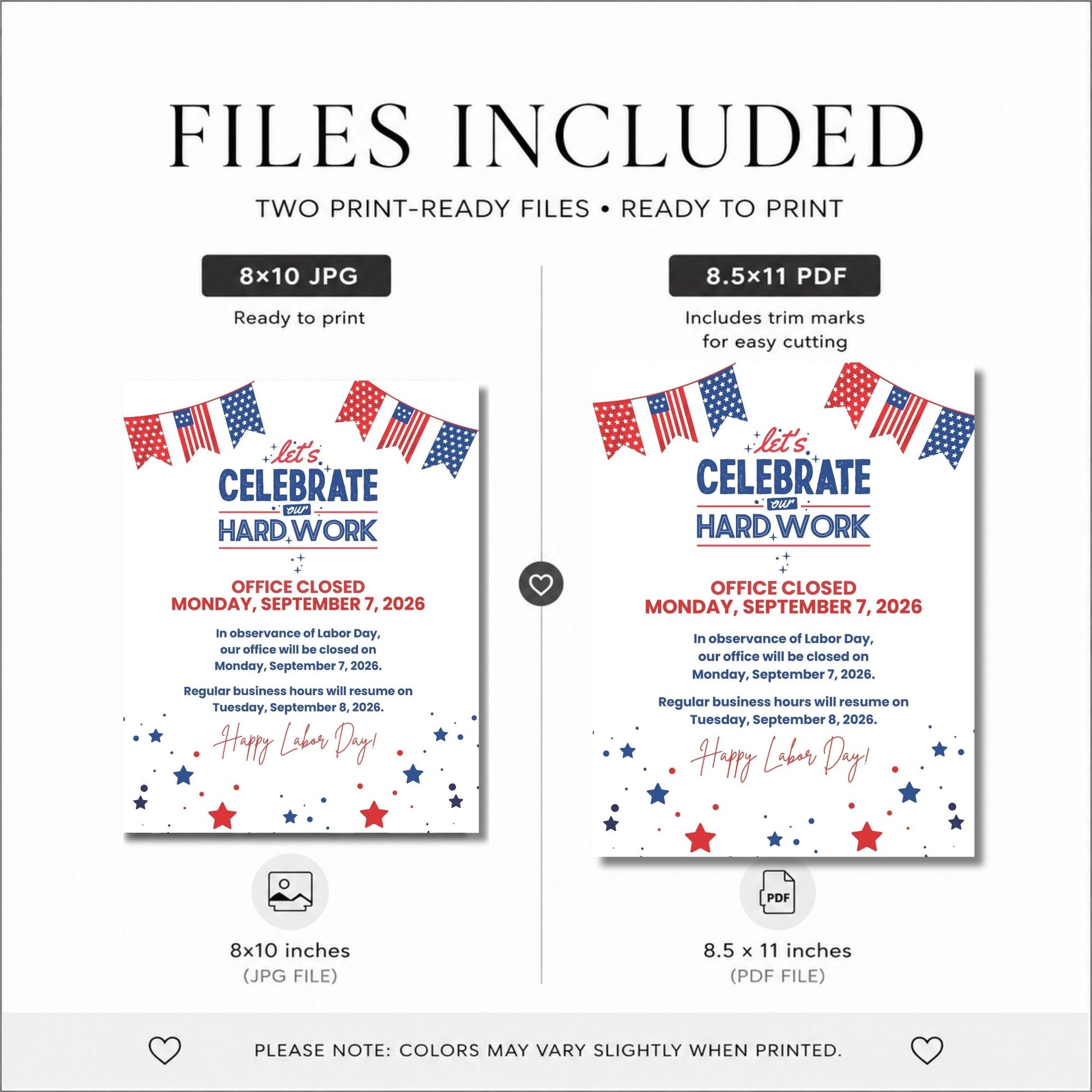 A digital preview showing two printable Labor Day office closure sign designs labeled as included files: an 8x10 JPG file and an 8.5x11 PDF file.