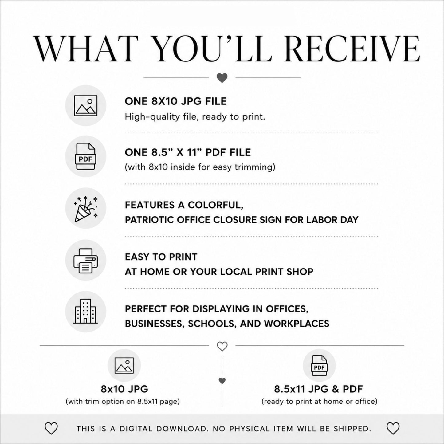 A digital download preview graphic titled 'WHAT YOU'LL RECEIVE' showing included file formats and features: one 8x10 JPG file, one 8.5" x 11" PDF file, a colorful patriotic office closure sign for Labor Day, and instructions to print at home or in a shop.