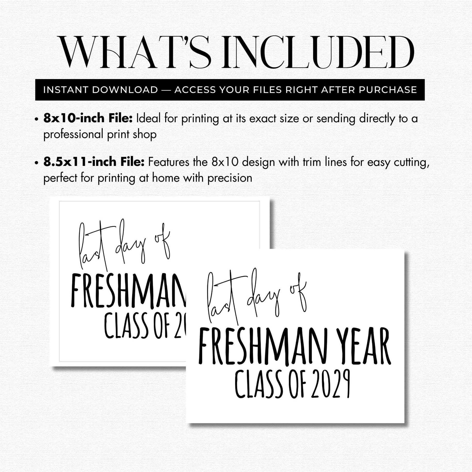 Informational text about print file sizes for 'Last Day of Senior Class' design with two file dimensions displayed.
