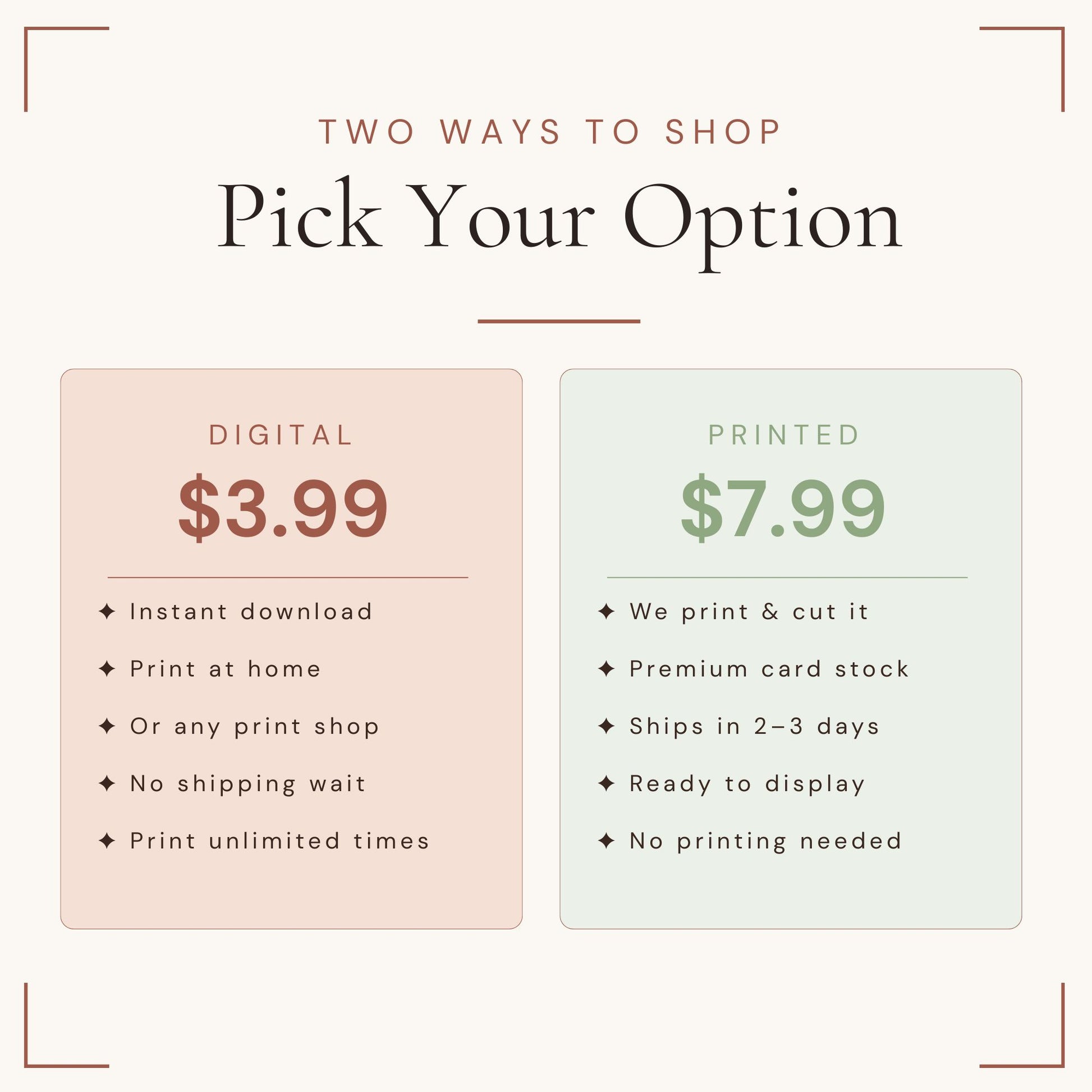 Comparison of digital and printed options with prices and features on a light pink and light green background.