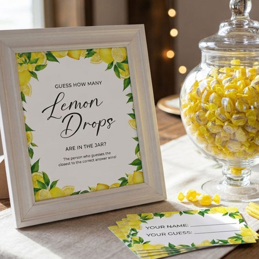 Decorative setup with a jar of lemon drops and a sign asking for guesses on the number of lemon drops.