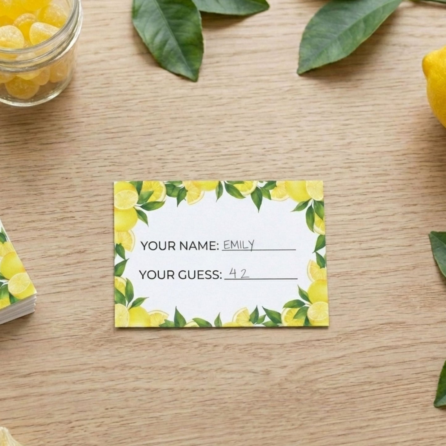 Name tag with lemon design on a wooden surface