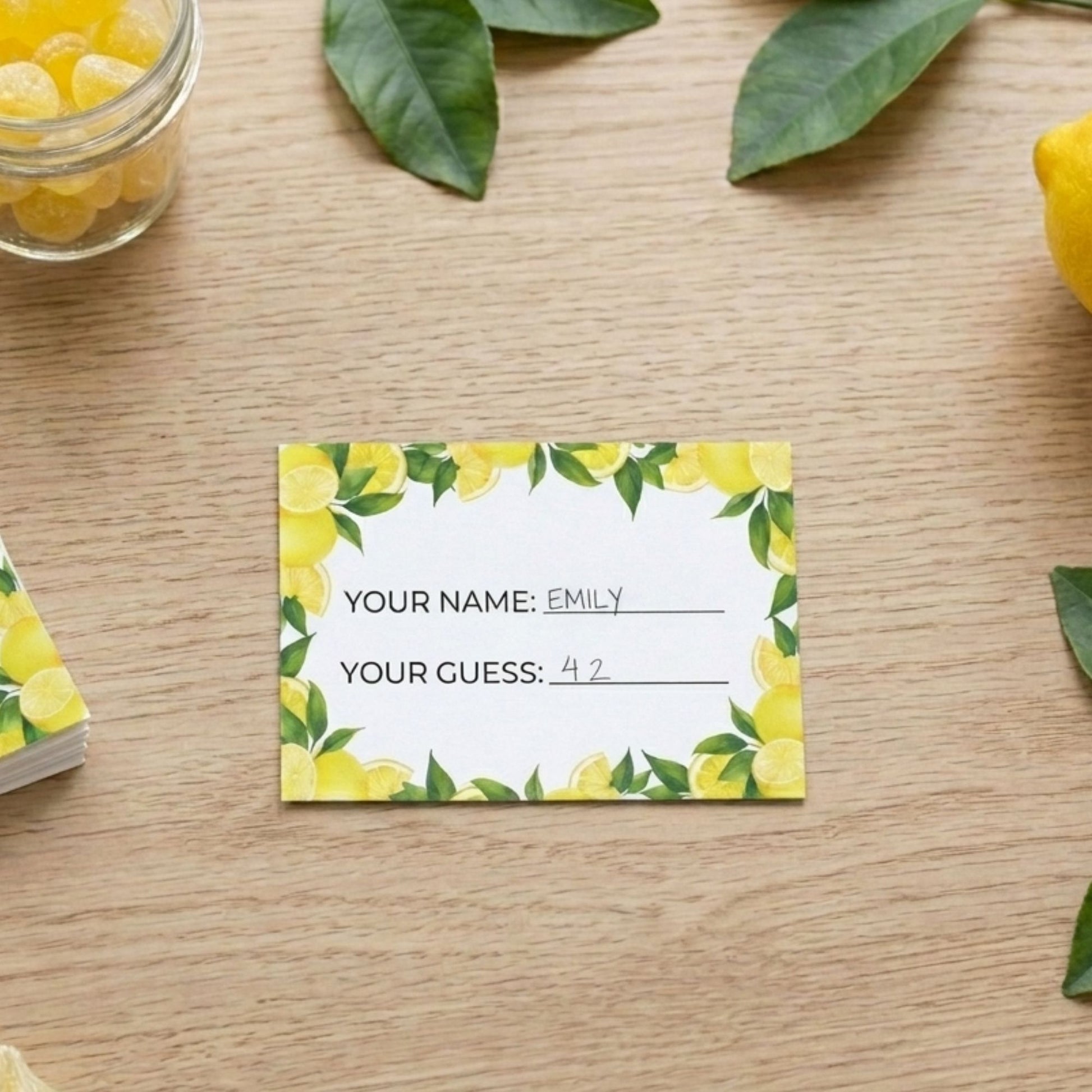 Name tag with lemon design on a wooden surface