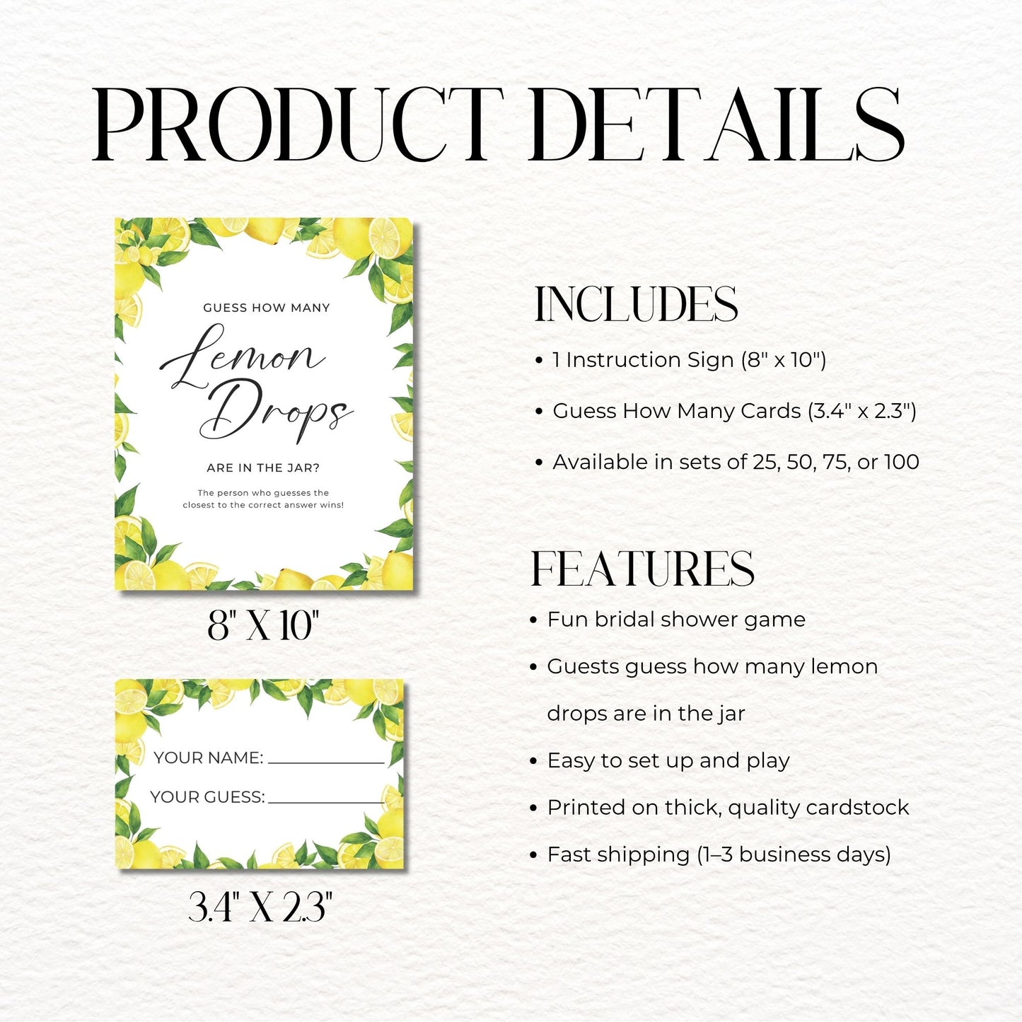Product details of lemon-themed bridal shower game including signs and cards on a white background.