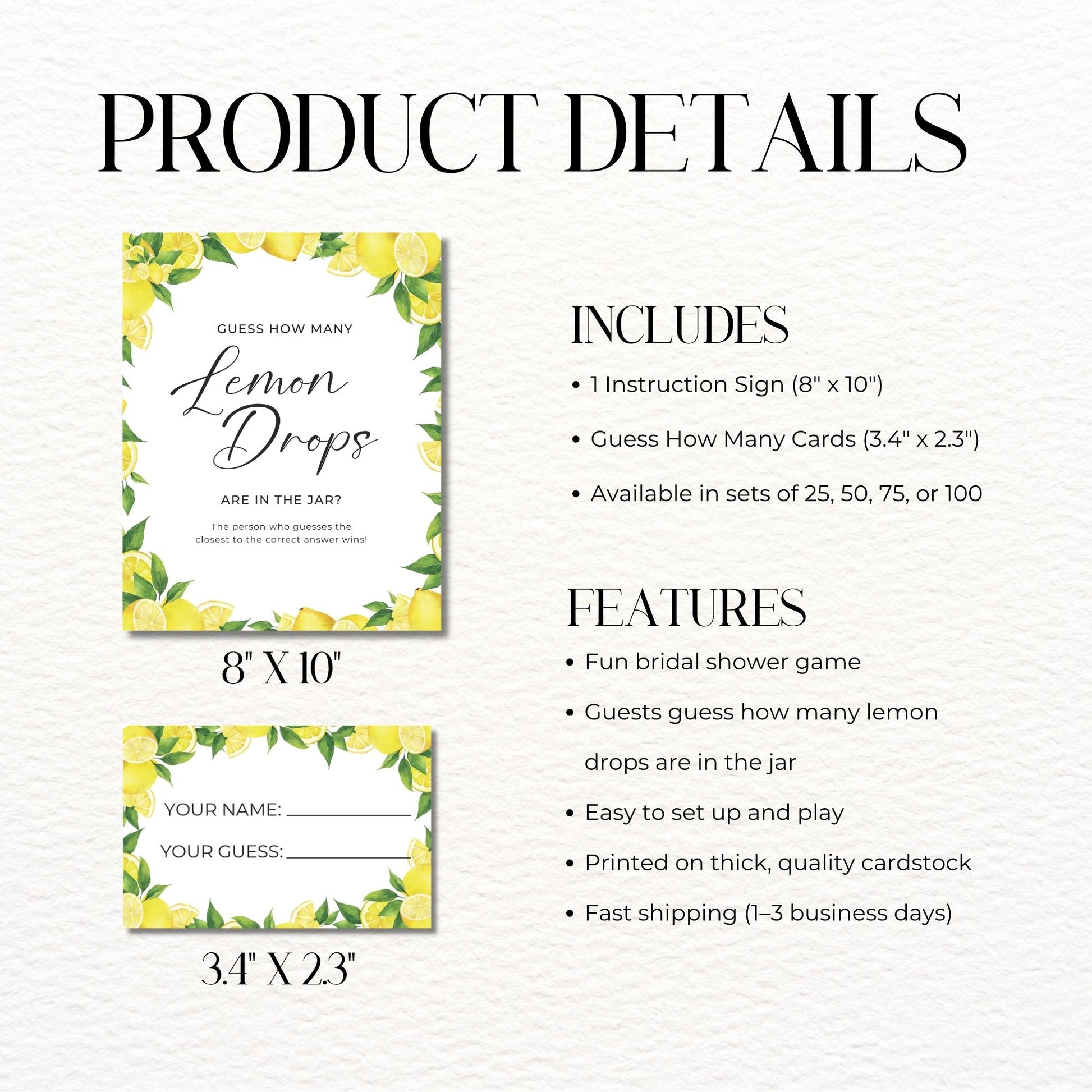 Product details of lemon-themed bridal shower game including signs and cards on a white background.