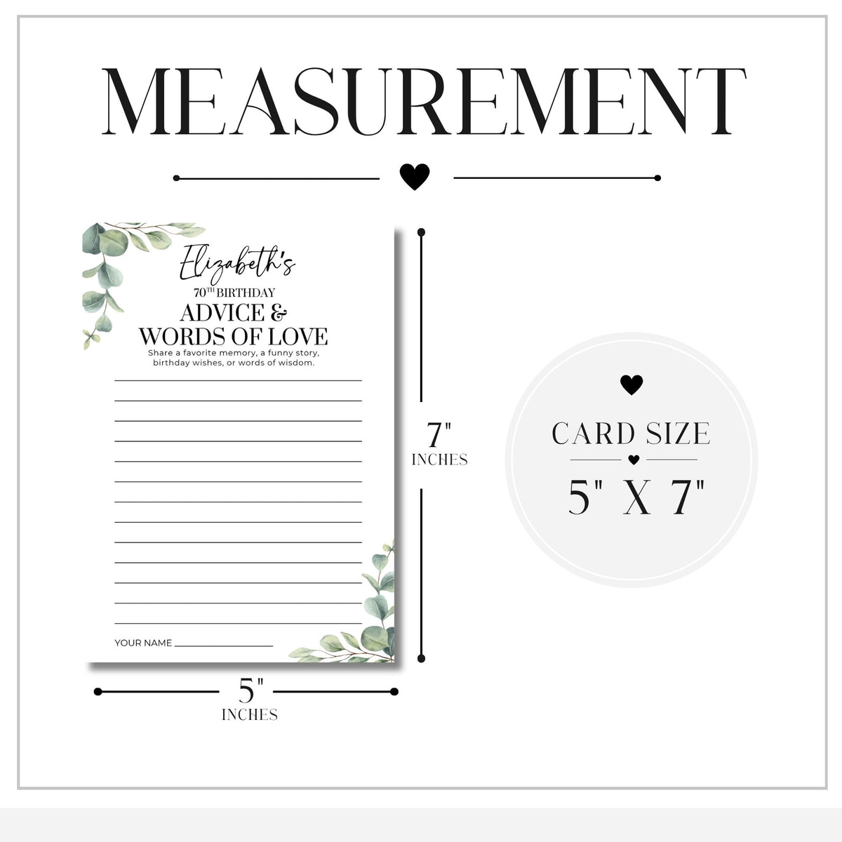 Measurement diagram for a personalized greeting card, showing a 5 by 7 inch card with greenery corner accents and dimensions labeled on a white background.