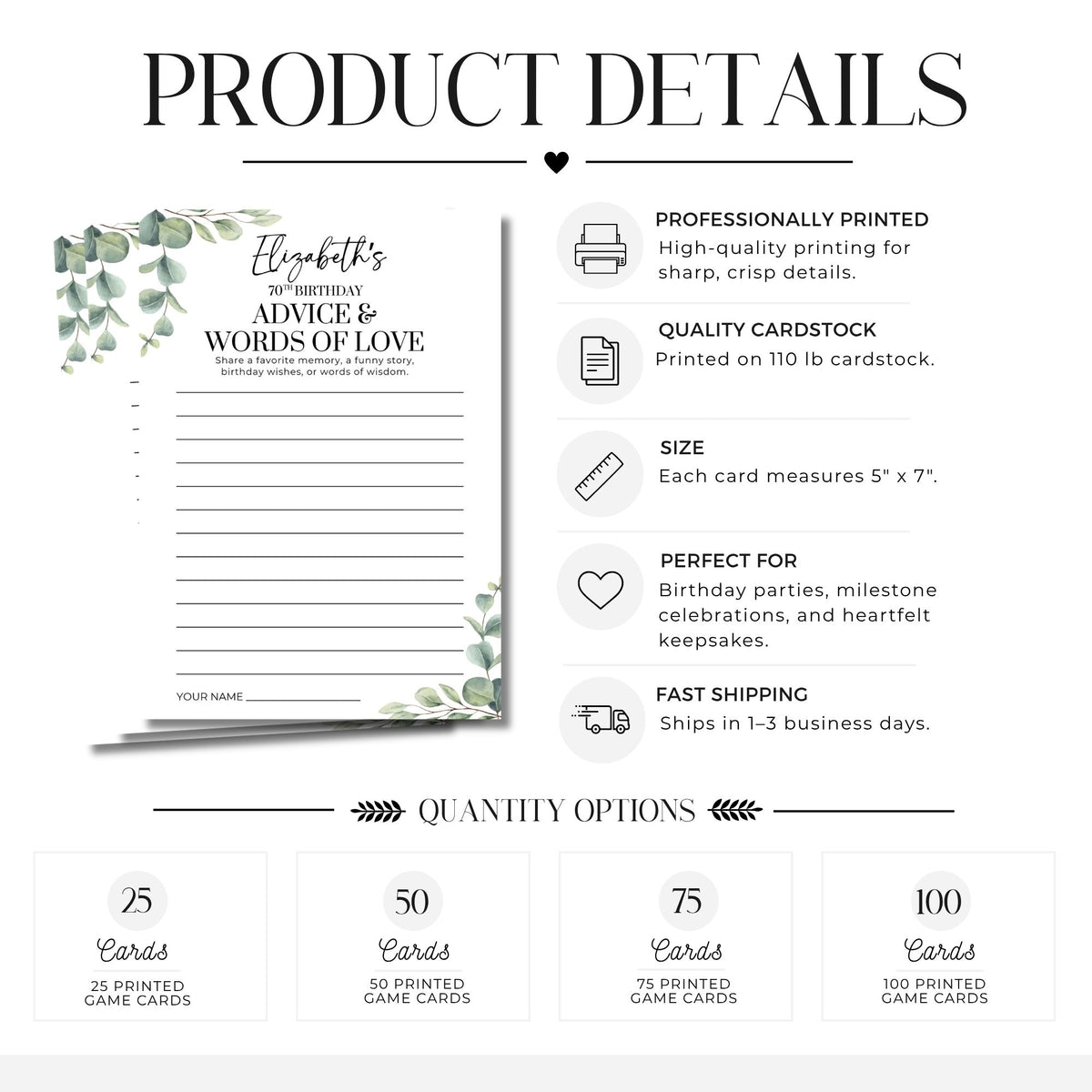 Product details graphic for a personalized birthday game card set, showing a sample printed card with greenery accents and text, plus feature callouts and quantity options at the bottom.