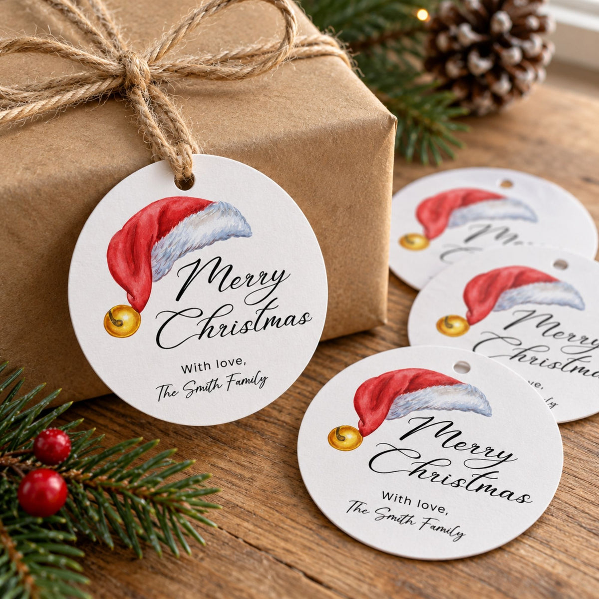 Round Christmas gift tags with a watercolor Santa hat and the text 'Merry Christmas With love, The Smith Family,' shown attached to a kraft-paper wrapped gift and scattered on a wooden surface with pine branches and a pinecone.