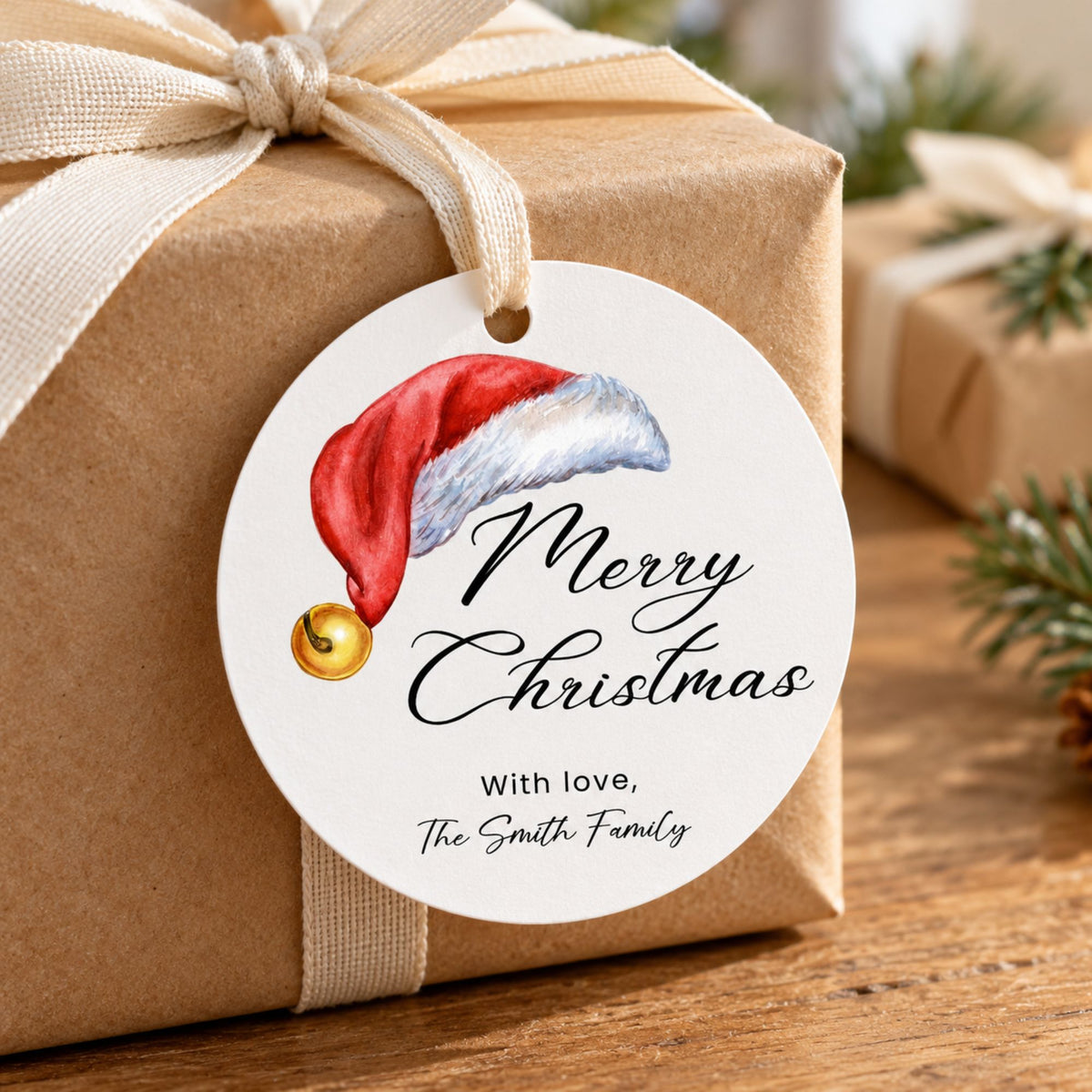 A round white Christmas gift tag with a watercolor Santa hat and the words 'Merry Christmas With love, The Smith Family' tied to a brown kraft paper gift box with a beige ribbon on a wooden table.