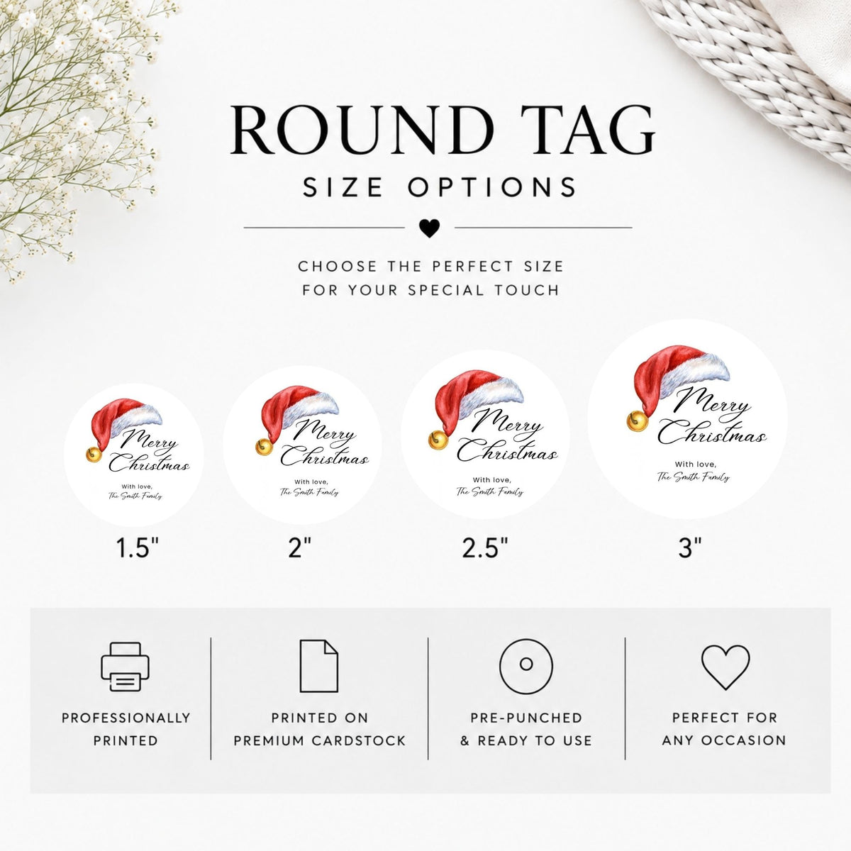 A size options graphic for round Christmas gift tags, showing four circular tag examples labeled 1.5", 2", 2.