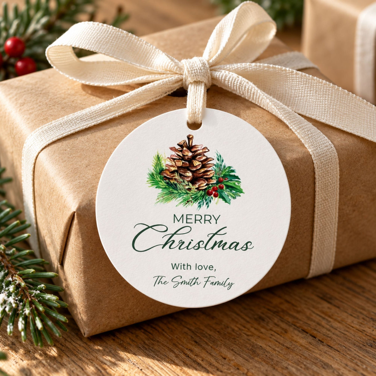 A wrapped gift box in brown kraft paper with a cream ribbon and bow, featuring a round hanging tag that reads “Merry Christmas With love, The Smith Family” with a pinecone and holly illustration, set on a wooden surface with holiday greenery.