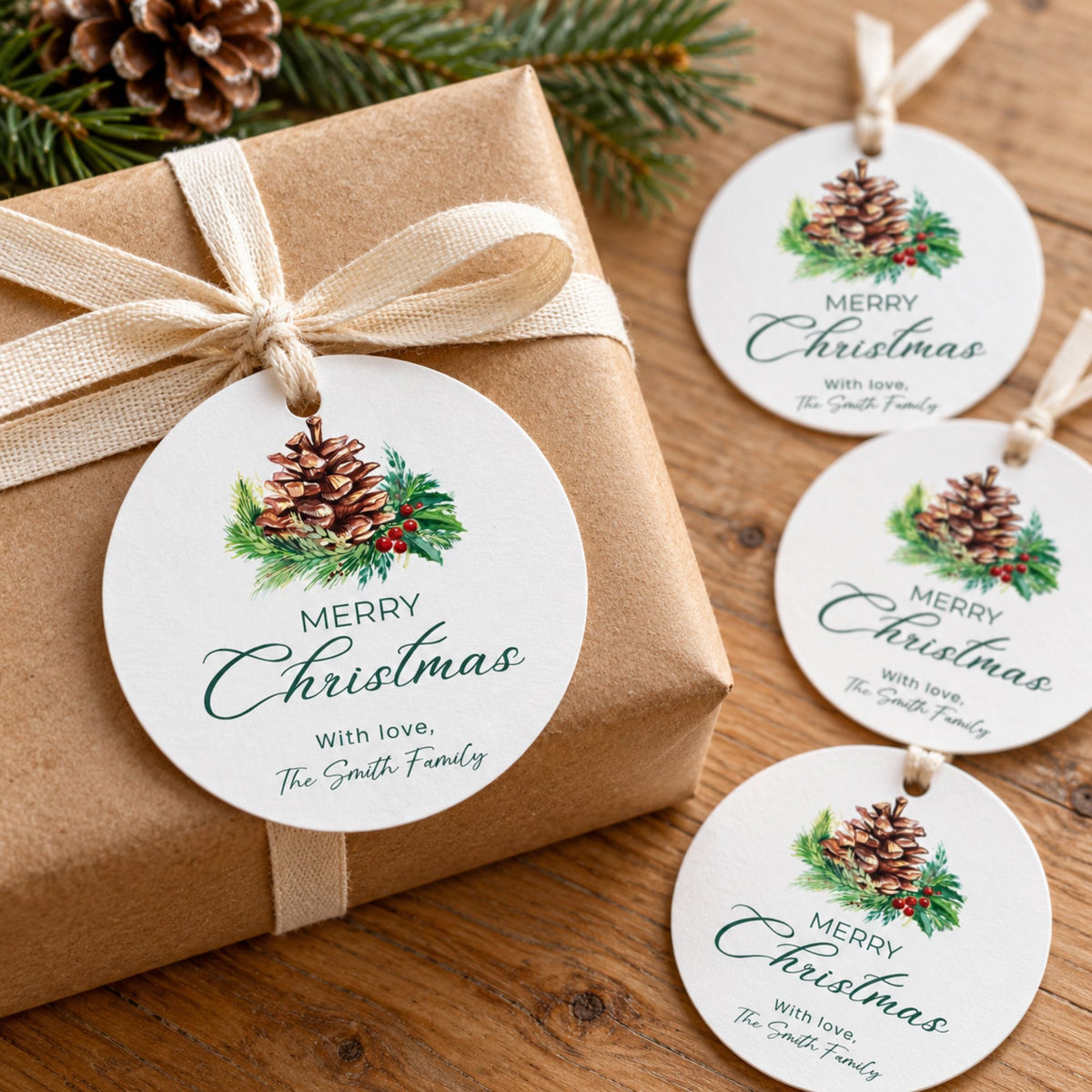 Round Christmas gift tags with pinecone and holly illustrations, printed with 'Merry Christmas With love, The Smith Family,' shown attached to a kraft paper gift box and scattered on a wooden surface.