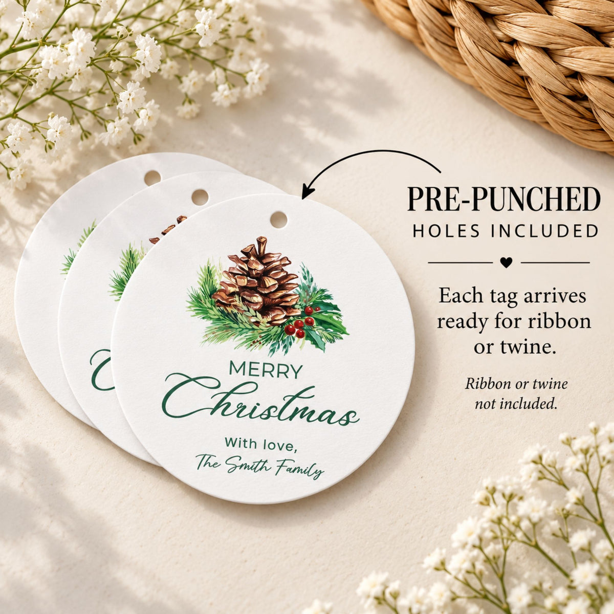 Three round white Christmas gift tags with a pinecone and green foliage design, shown on a beige surface with decorative flowers and a woven basket. Text reads 'PRE-PUNCHED HOLES INCLUDED' and 'MERRY Christmas With love, The Smith Family.