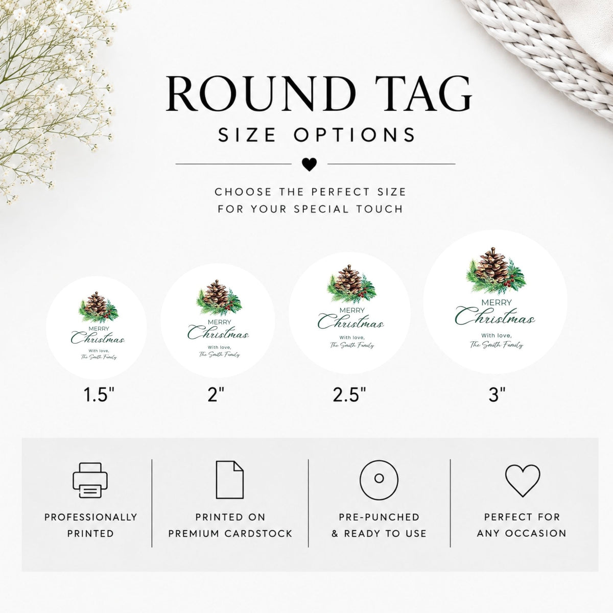 Round Christmas-themed tag size options chart showing four circular tags labeled 1.5", 2", 2.