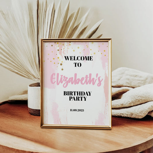 Pink and Gold Birthday Welcome Sign, Editable 8x10 Party Template, Custom Name and Date, Birthday Party Decor for Any Age, Instant Download