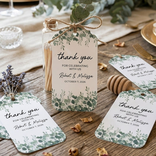 A set of personalized eucalyptus-themed thank you tags styled on a rustic wooden table with wedding decor, including a honey jar, lavender sprigs, and a wooden honey dipper.