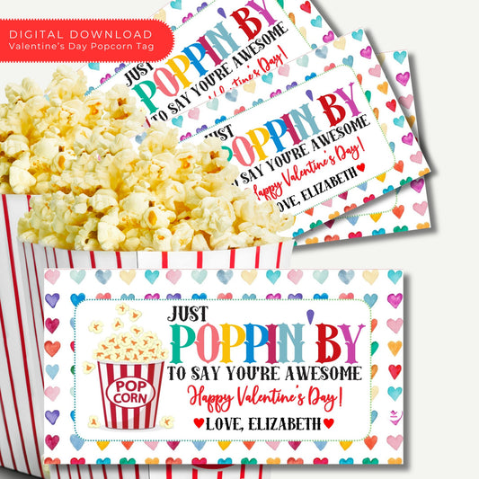 Editable Popcorn Valentine’s Day Tag Template - 3x5.5 Printable Treat Tags for Classmates and Party Favors - Corjl Instant Download