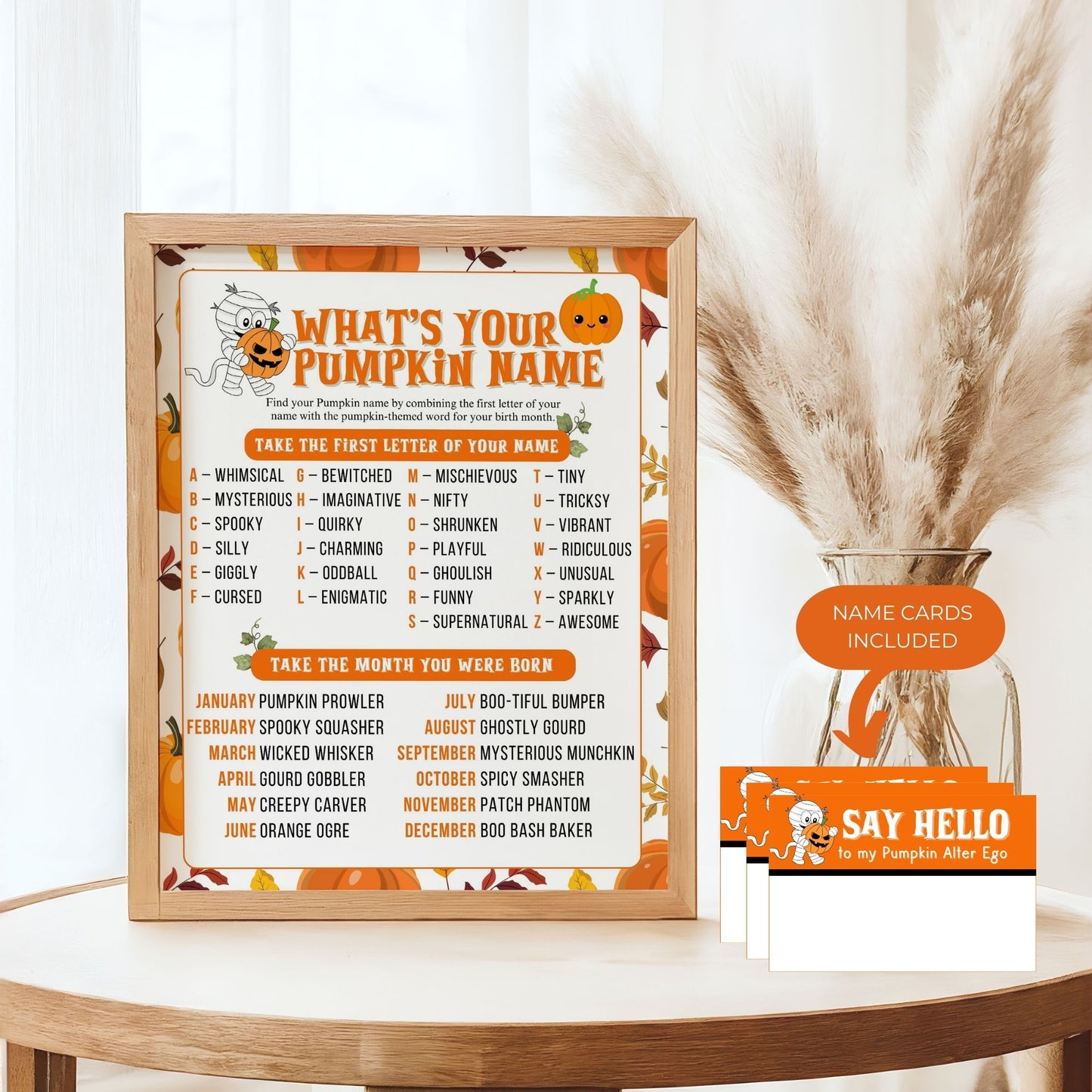 What's Your Pumpkin Name Game, Fall Party Printable, Fun Halloween Activity for Kids and Adults, 8x10 Instant Download, Pumpkin-Themed Decor