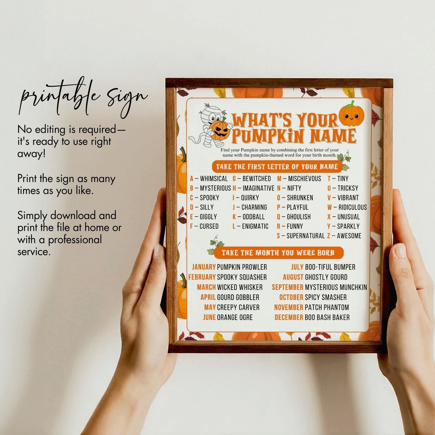 What's Your Pumpkin Name Game, Fall Party Printable, Fun Halloween Activity for Kids and Adults, 8x10 Instant Download, Pumpkin-Themed Decor