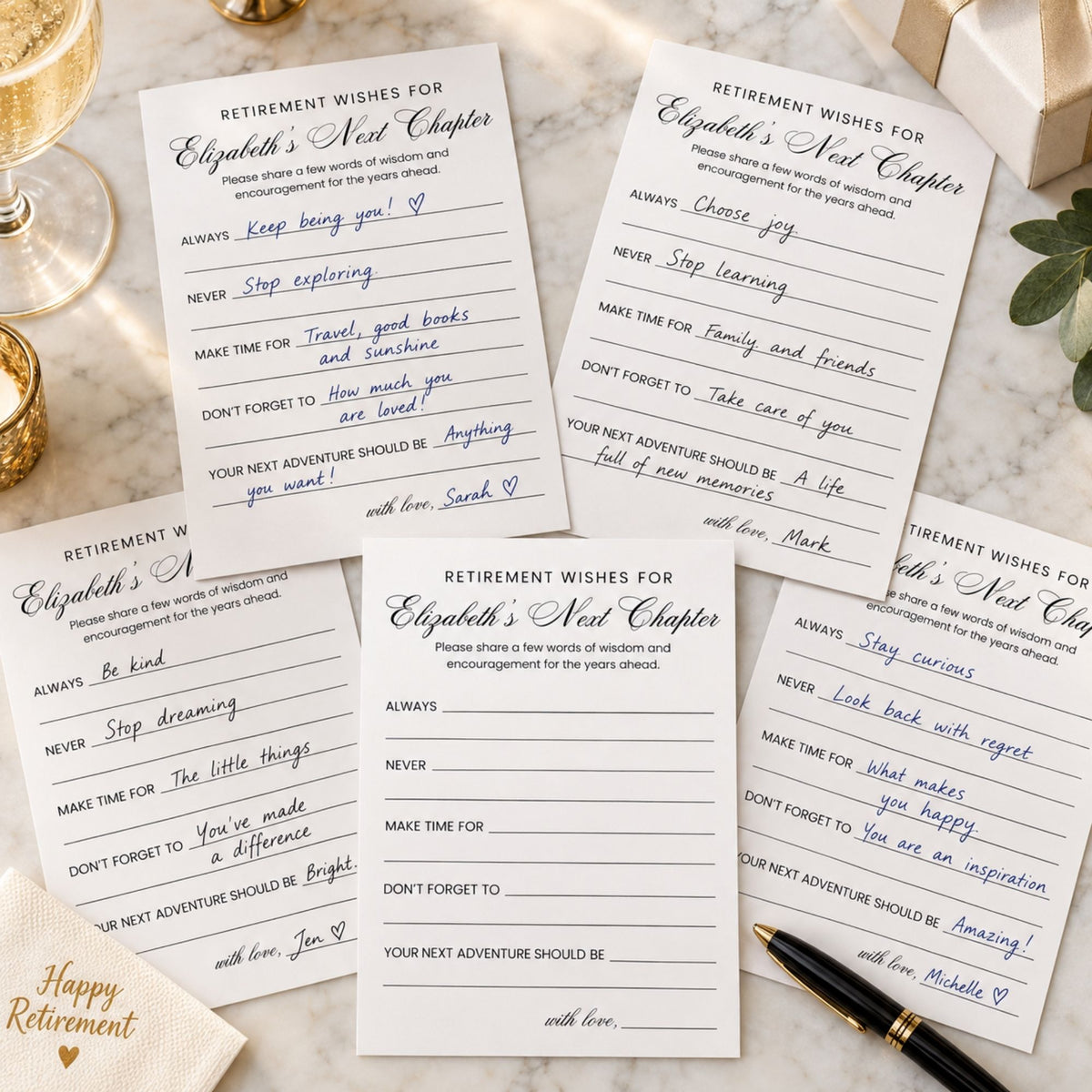 Five printed retirement wishes cards arranged on a light neutral surface, with handwritten blue ink notes and a black pen. The cards feature elegant typography and decorative script.