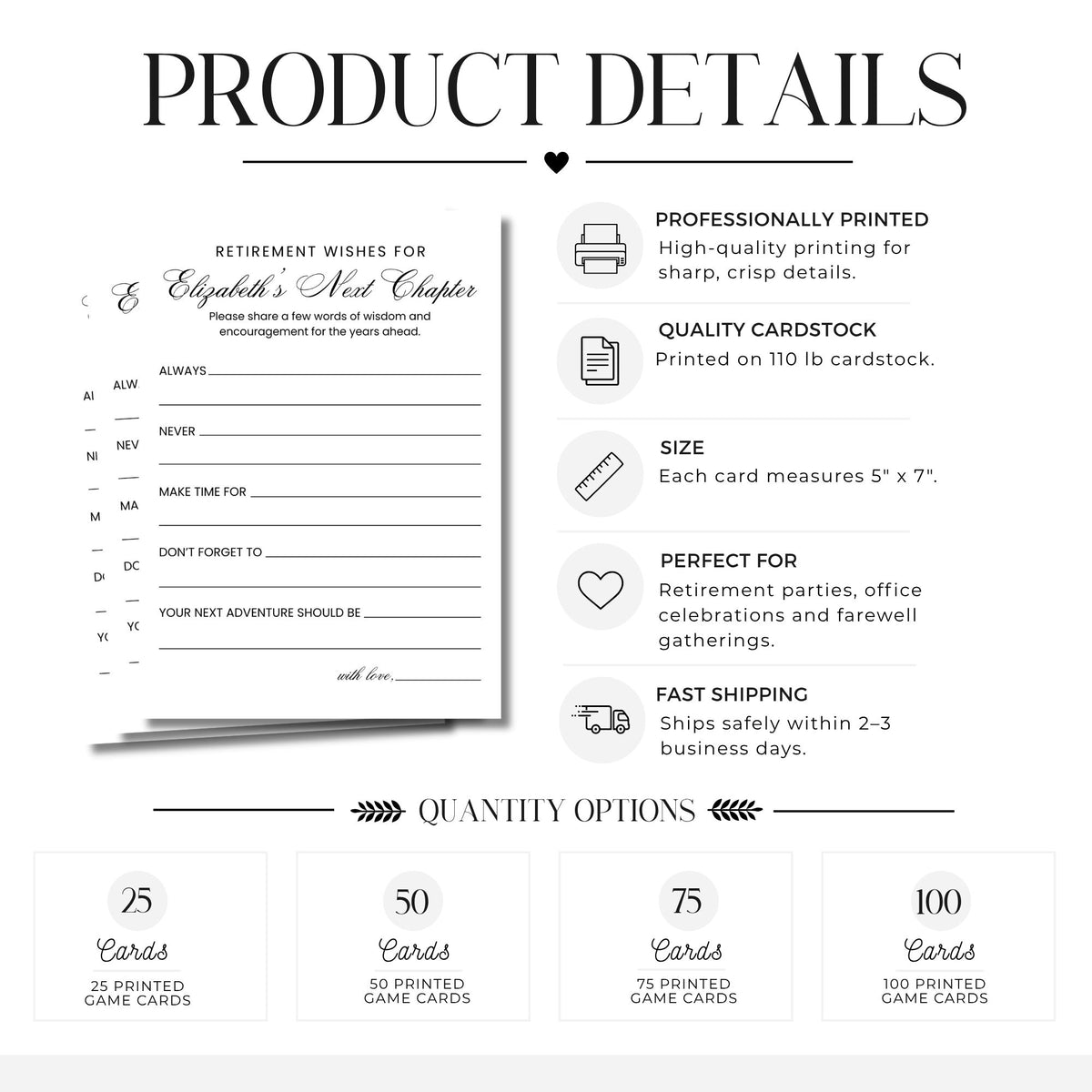 Product details graphic for a retirement wishes card set, showing the front of the card, printed feature icons, size and shipping notes, and quantity options from 25 to 100 cards.