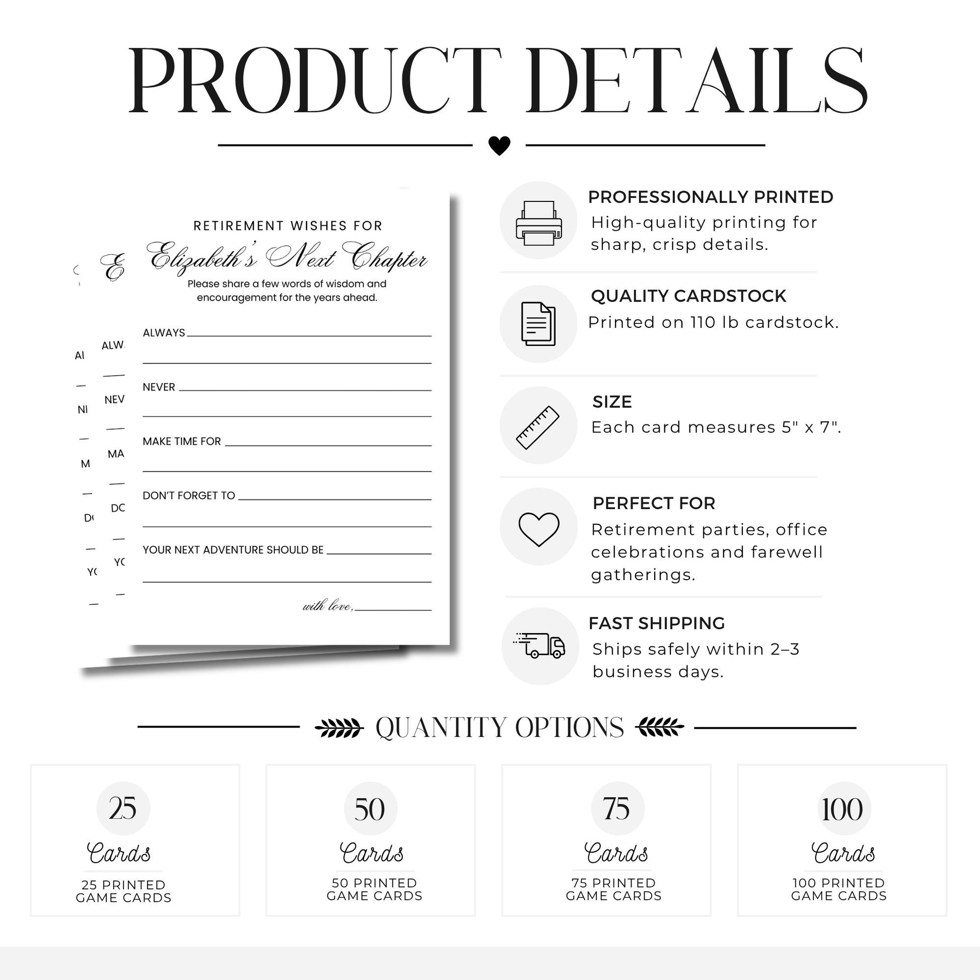 Product details graphic for a retirement wishes card set, showing the front of the card, printed feature icons, size and shipping notes, and quantity options from 25 to 100 cards.