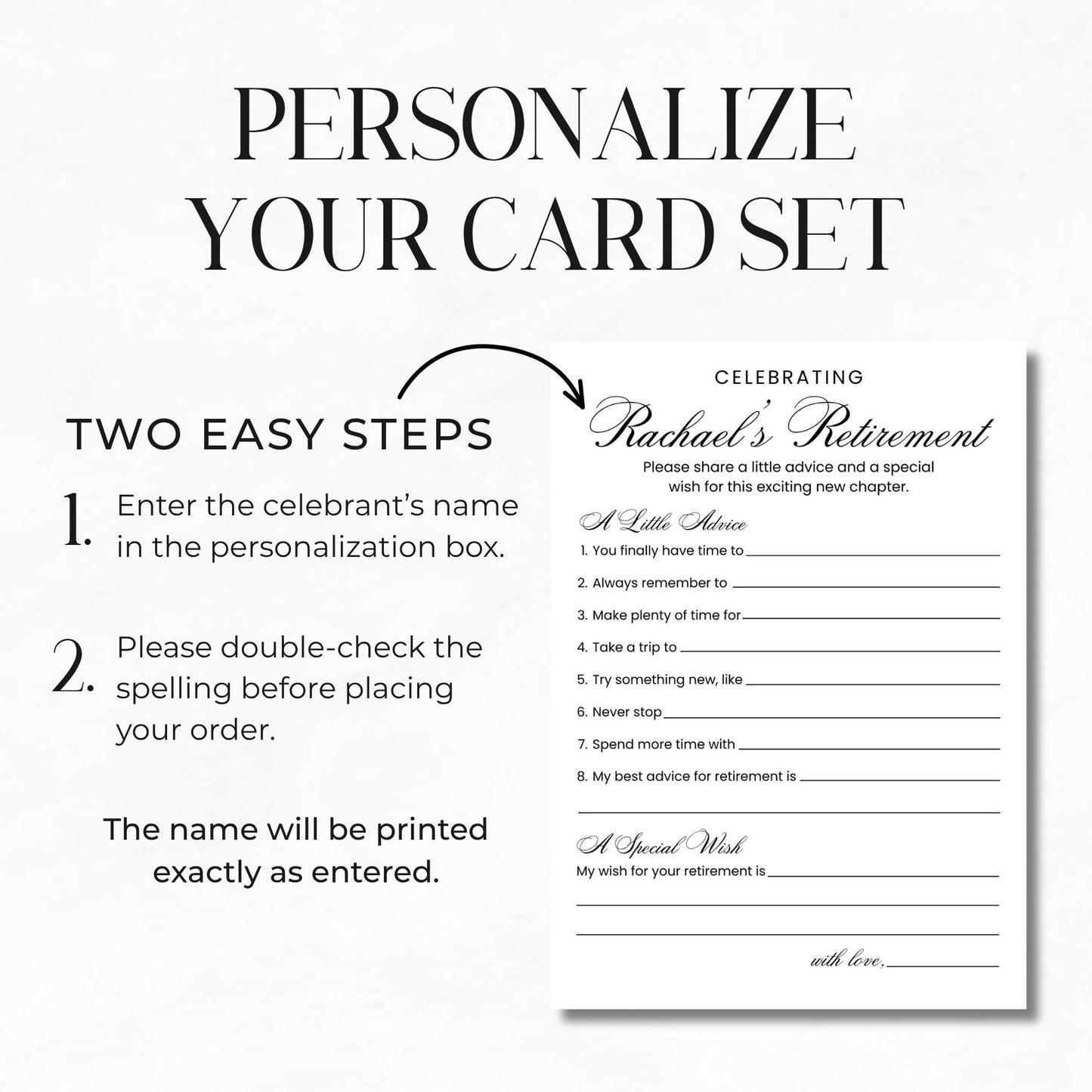 Personalization graphic for a card set showing text instructions on how to enter a celebrant's name, with a sample retirement card on the right that reads 'Celebrating Rachel's Retirement'.