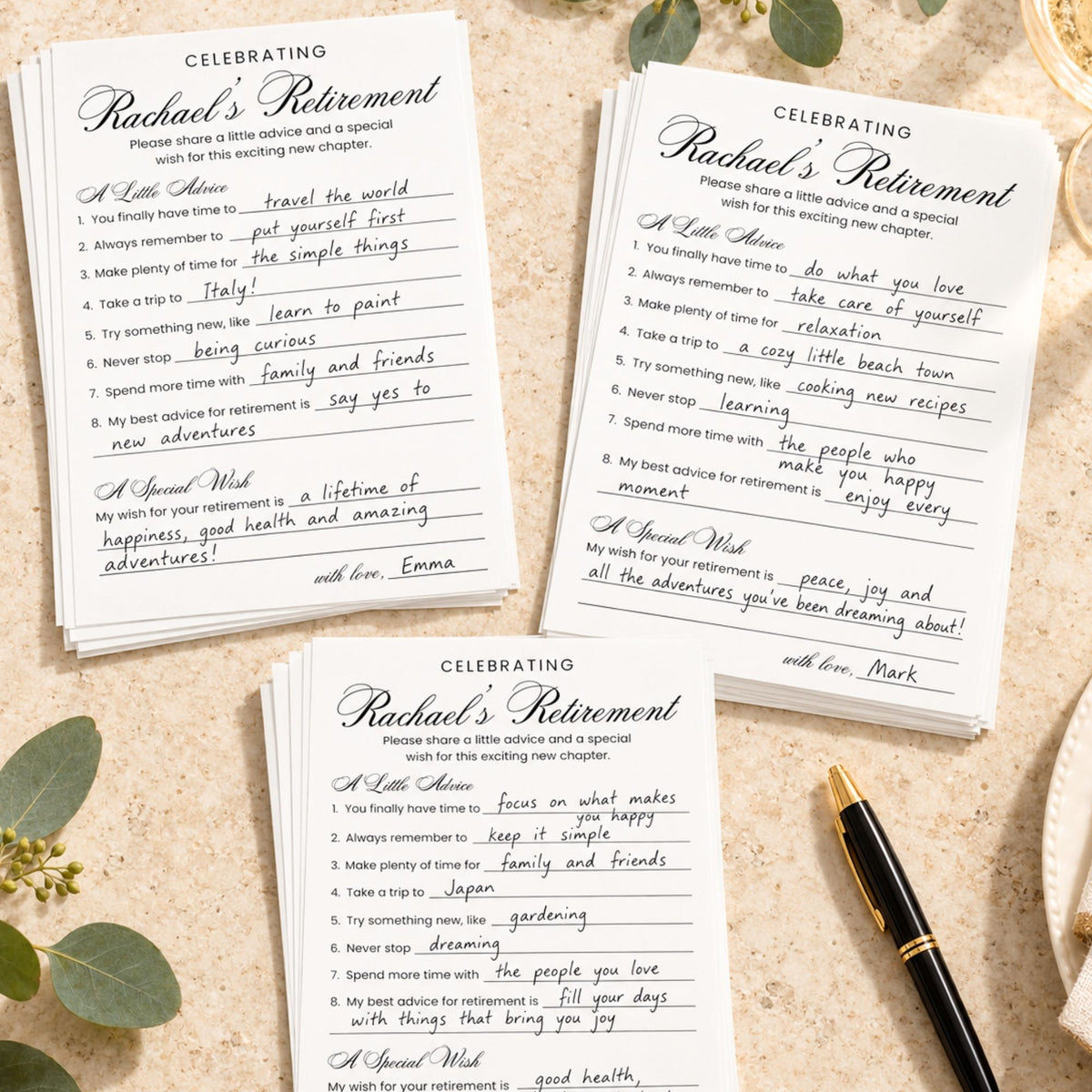 Two printed 'Rachael's Retirement' party favor cards laid on a light beige textured surface with a black fountain pen and green leaves. The cards are printed in black script and font with handwritten responses in blue ink.