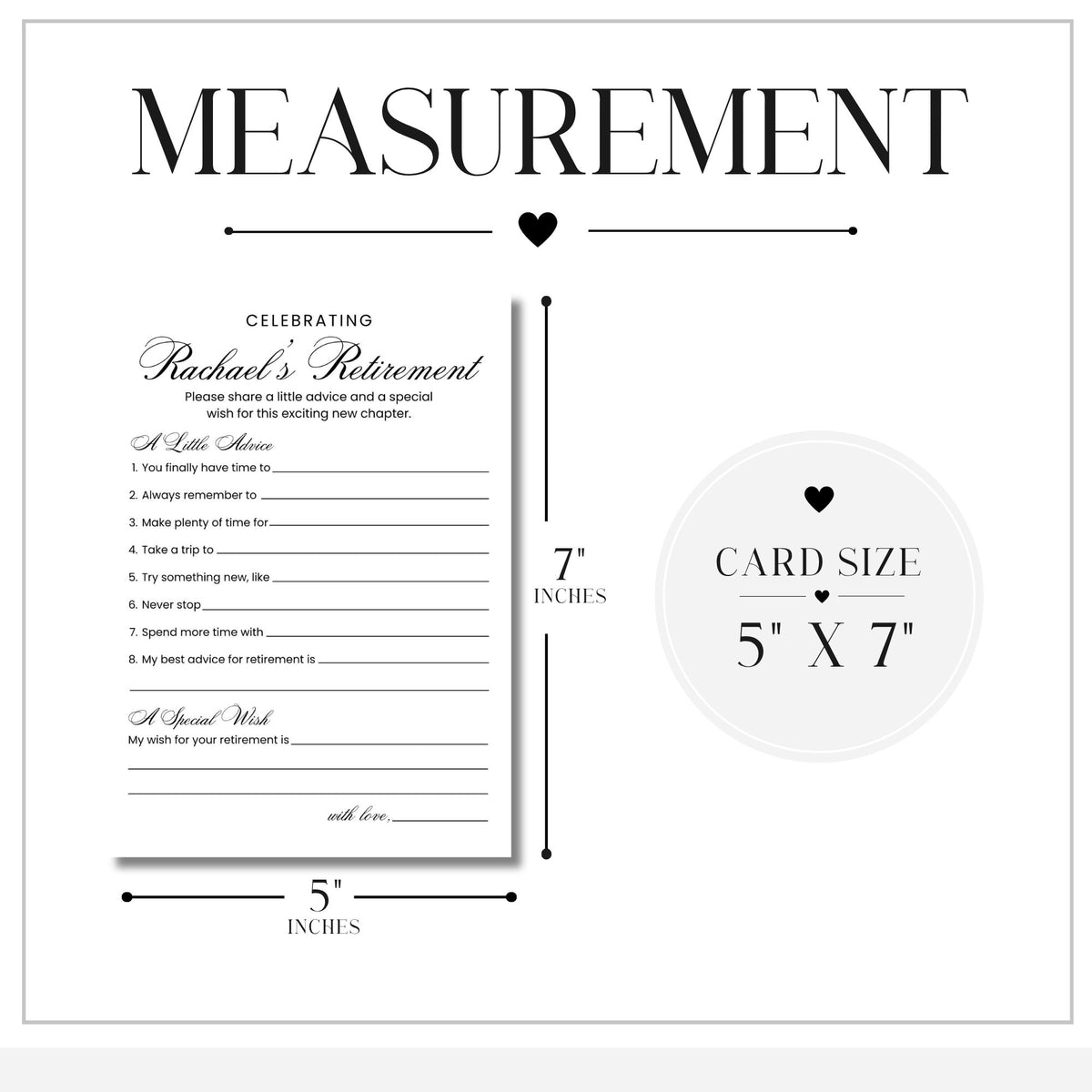A retirement measurement chart showing a printed card layout for Rachel's retirement celebration, with dimensions labeled 5 inches by 7 inches and a circular card-size callout on a white background.