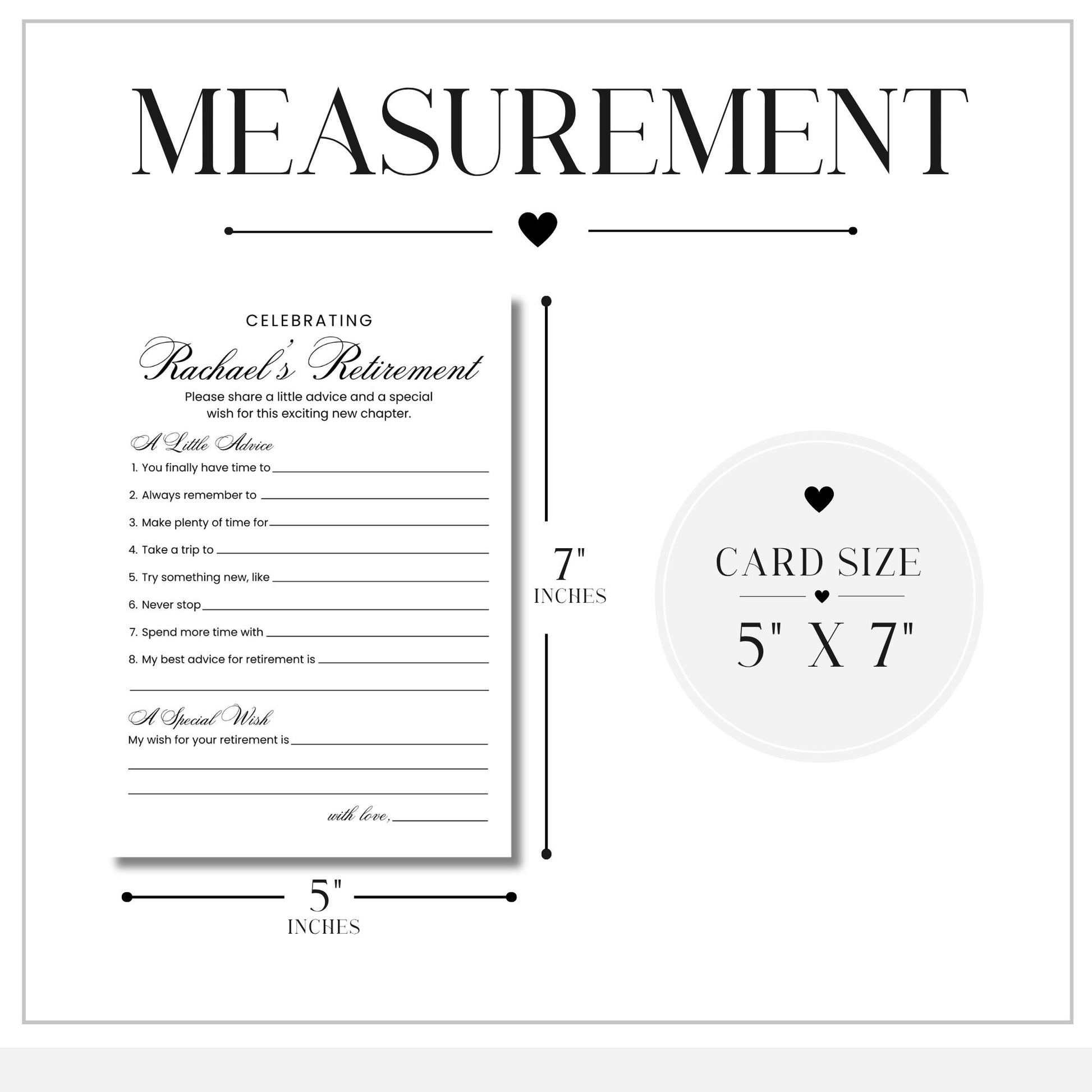 A retirement measurement chart showing a printed card layout for Rachel's retirement celebration, with dimensions labeled 5 inches by 7 inches and a circular card-size callout on a white background.