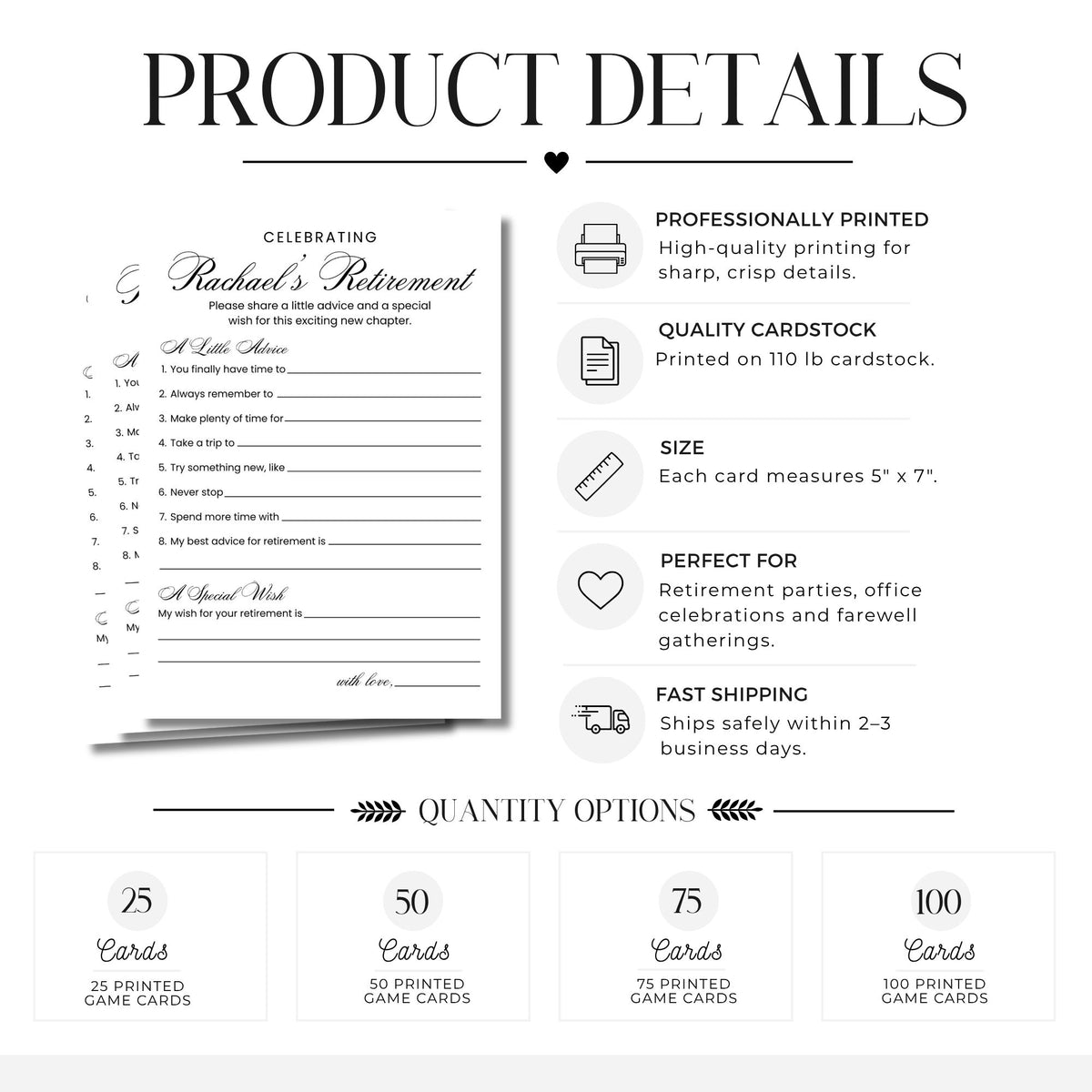 Product details graphic for a retirement game card set, showing a sample card design, feature callouts including high-quality printing and quality cardstock, and quantity options ranging from 25 to 100 cards.
