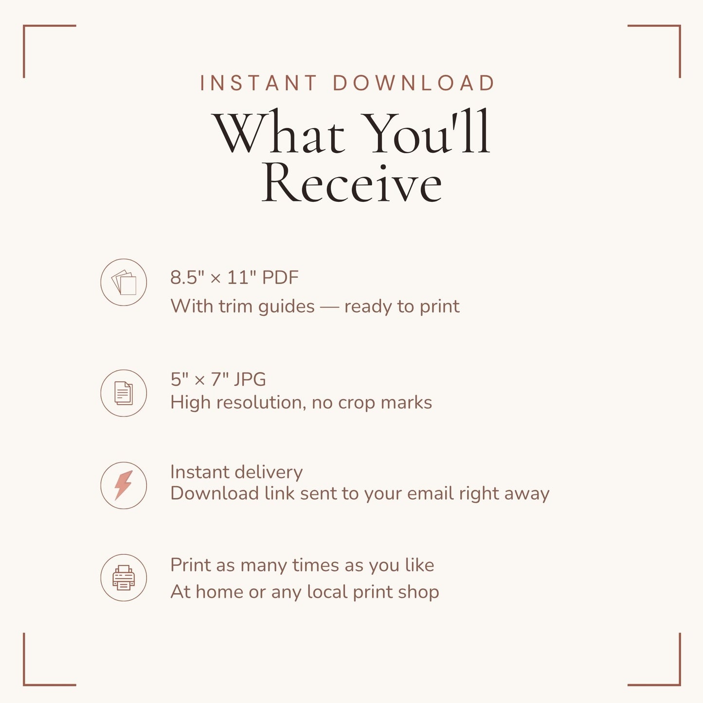 List of benefits of instant download with PDF and JPG formats on a white background