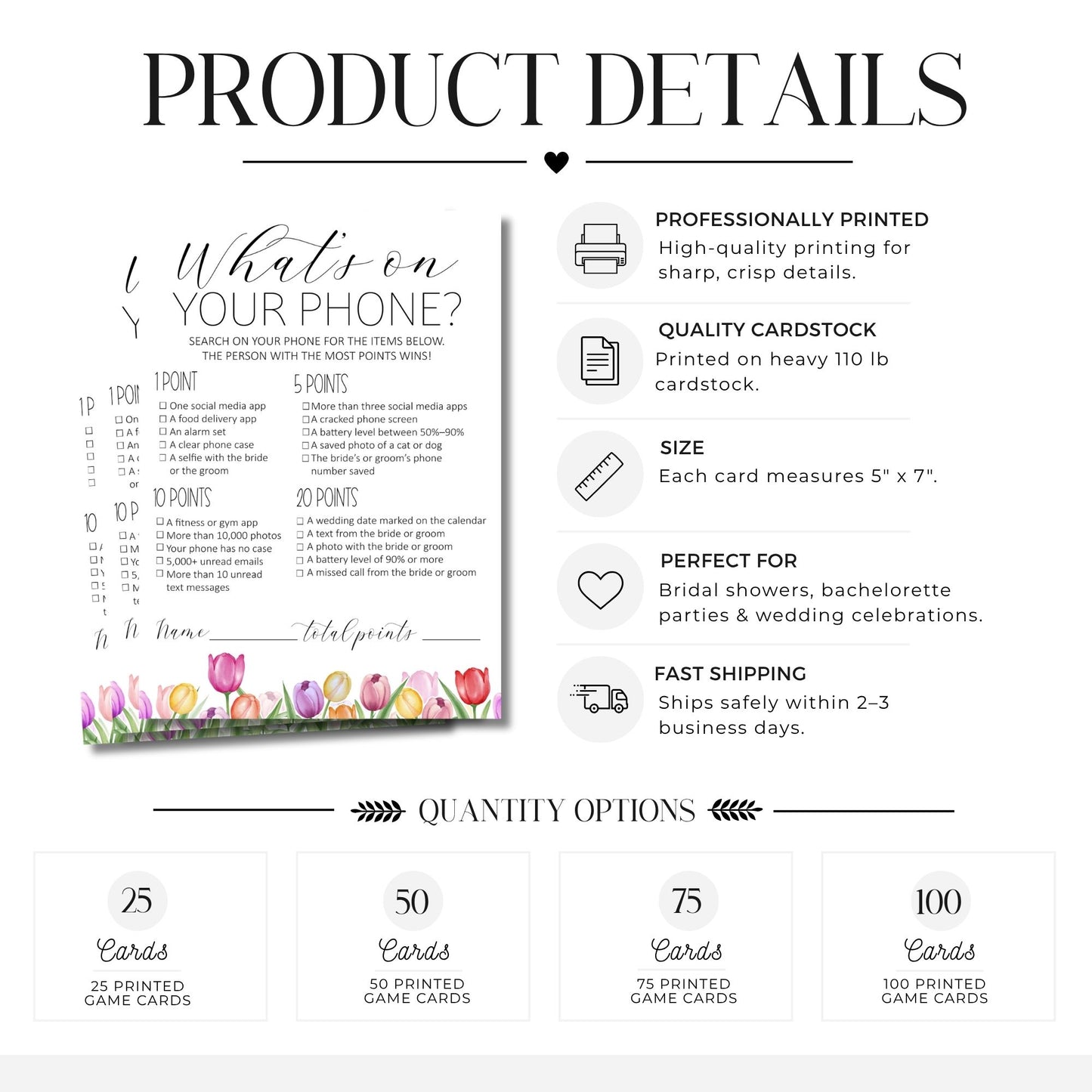 Product details graphic for 'What is on Your Phone?' game cards, showing the front and back of the printed card set, marketing text, and quantity options from 25 to 100 cards.