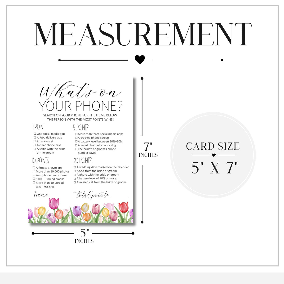 A measurement guide for a phone card or card size, showing a 5 x 7 inch card with dimensions labeled 7 inches tall and 5 inches wide. The design includes a phone checklist with points for social media apps, camera, and other phone features, plus a floral border at the bottom.