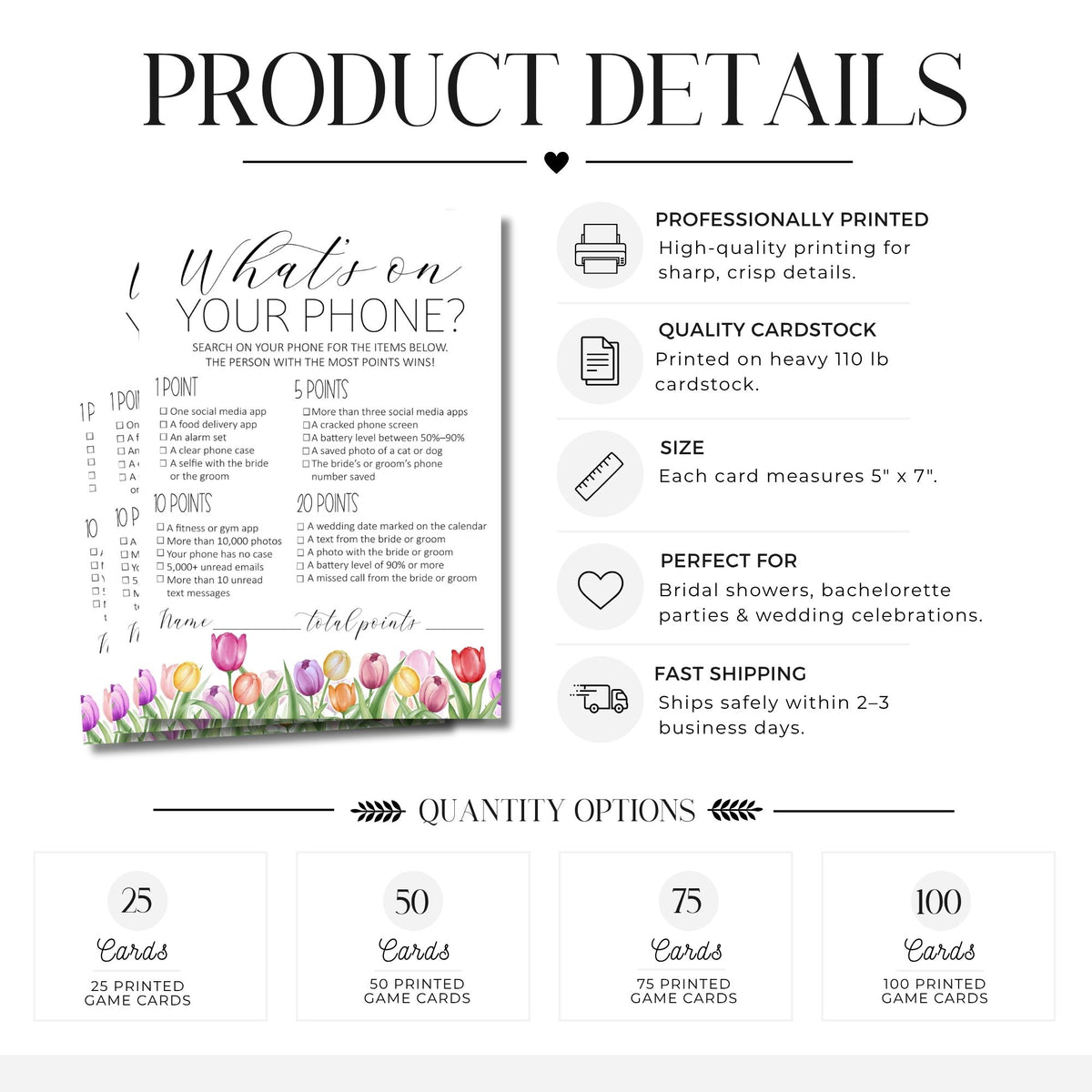 Product details infographic for a phone game card set, showing the front and back of the card design, printed marketing copy, quantity options from 25 to 100 cards, and a tulip flower illustration at the bottom.