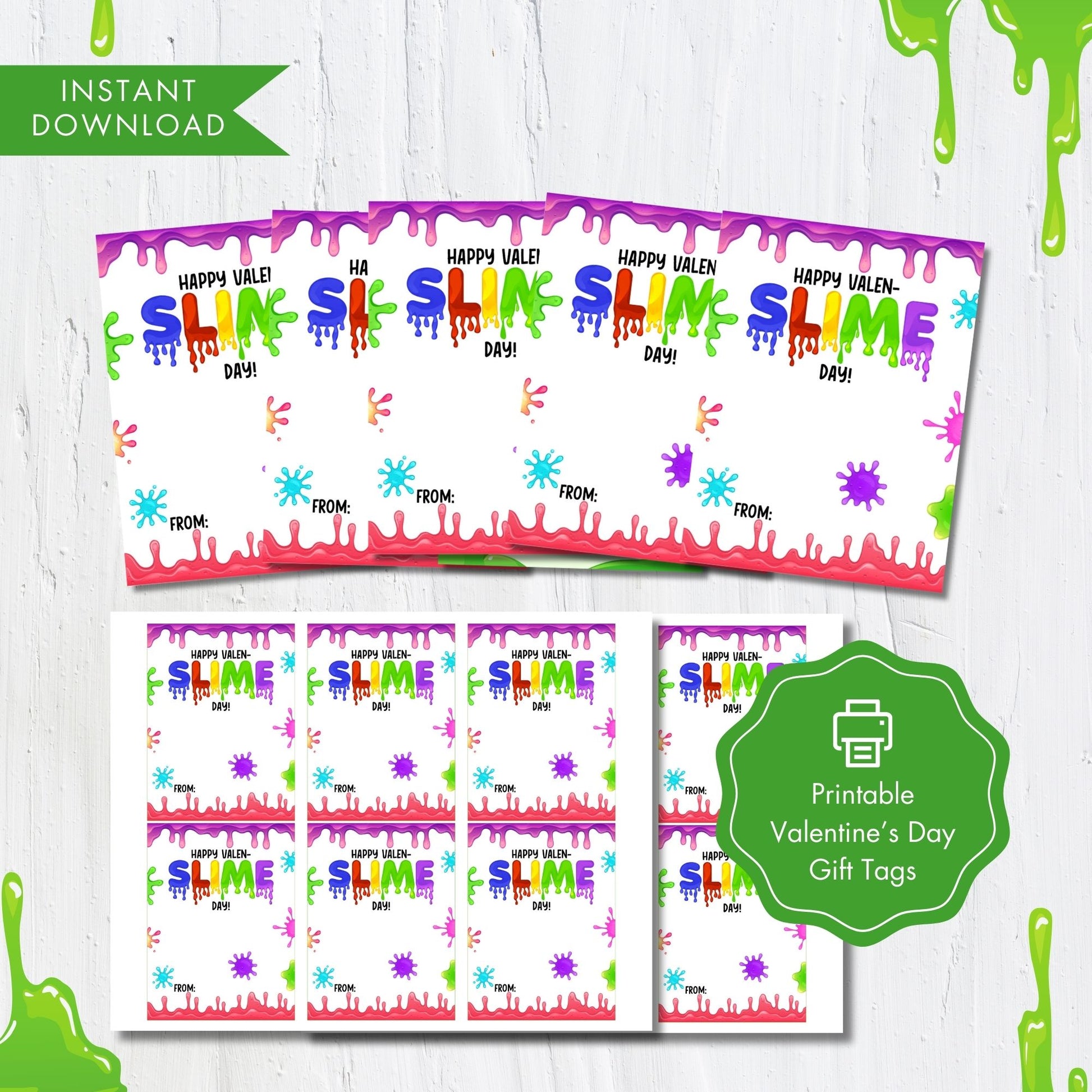 Colorful Slime Valentine Tags Digital Download, 3x4 Inch Printable Valentine Cards, Slime Gift Tags, Kids Valentines, 8.5x11 JPG PDF, DIY Valentines