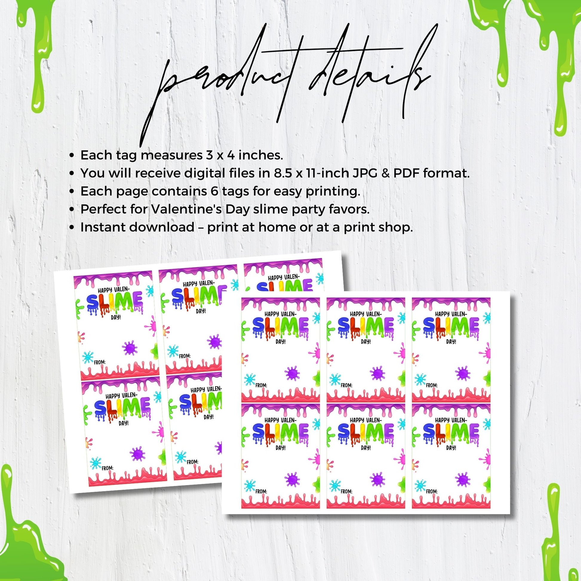 Colorful Slime Valentine Tags Digital Download, 3x4 Inch Printable Valentine Cards, Slime Gift Tags, Kids Valentines, 8.5x11 JPG PDF, DIY Valentines