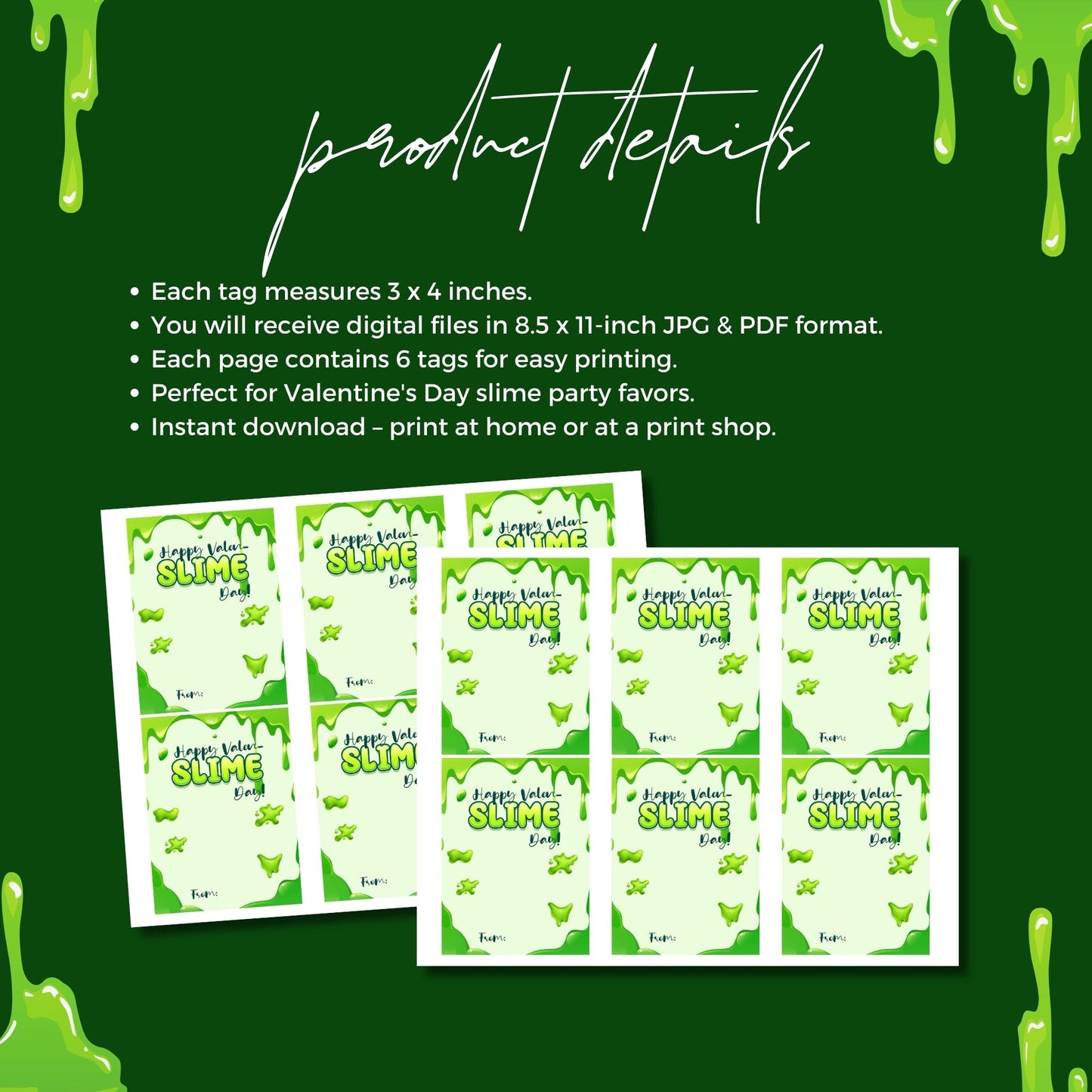 Slime Valentine Tags Digital Download, 3x4 Inch Printable Valentine Cards, Slime Gift Tags, Kids Valentines, 8.5x11 JPG PDF, Classroom Valentines
